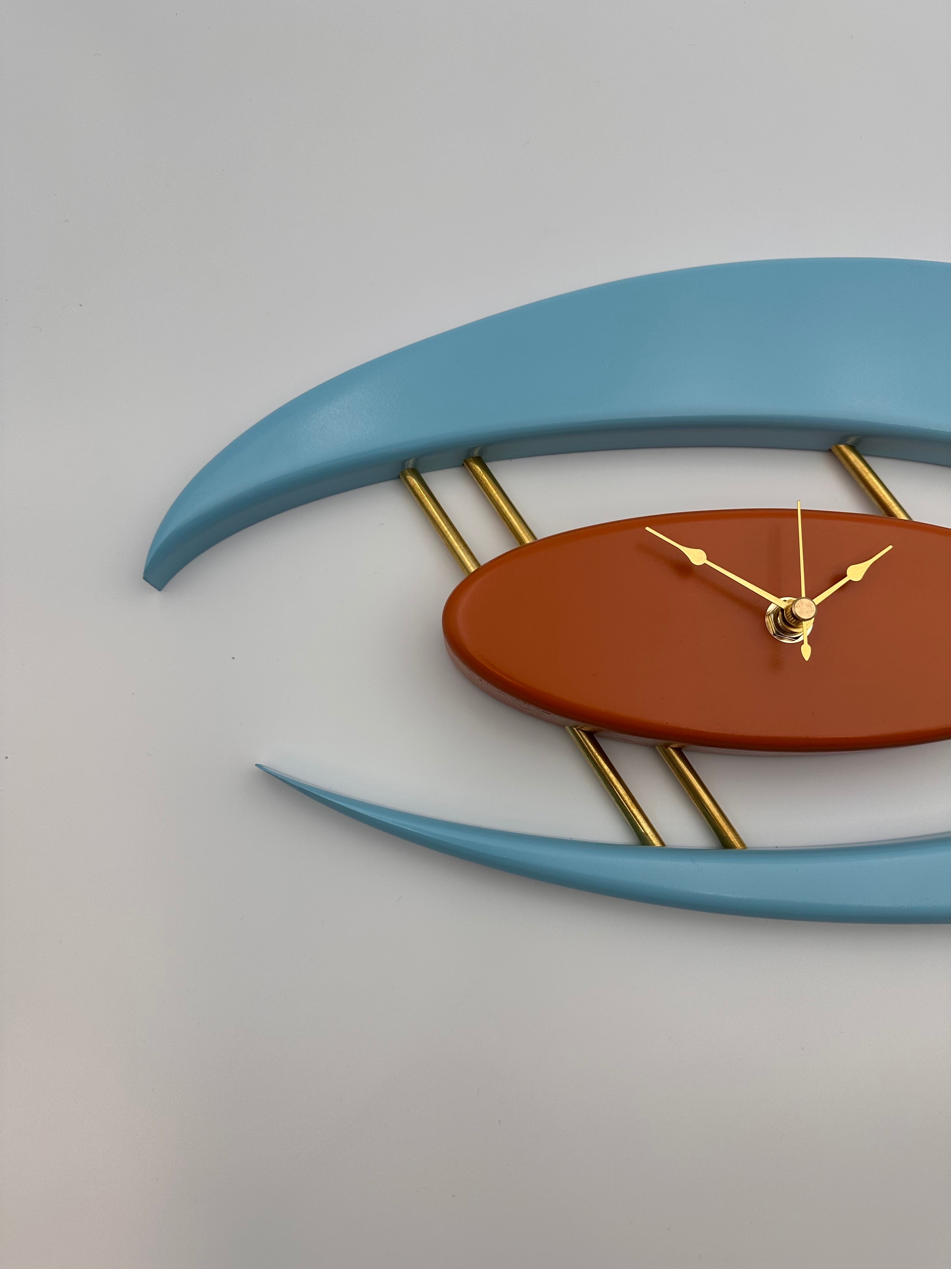 MCM Atomic Boomerang Clock Custom Hand Made Poplar, Sky Blue and Burnt Orange