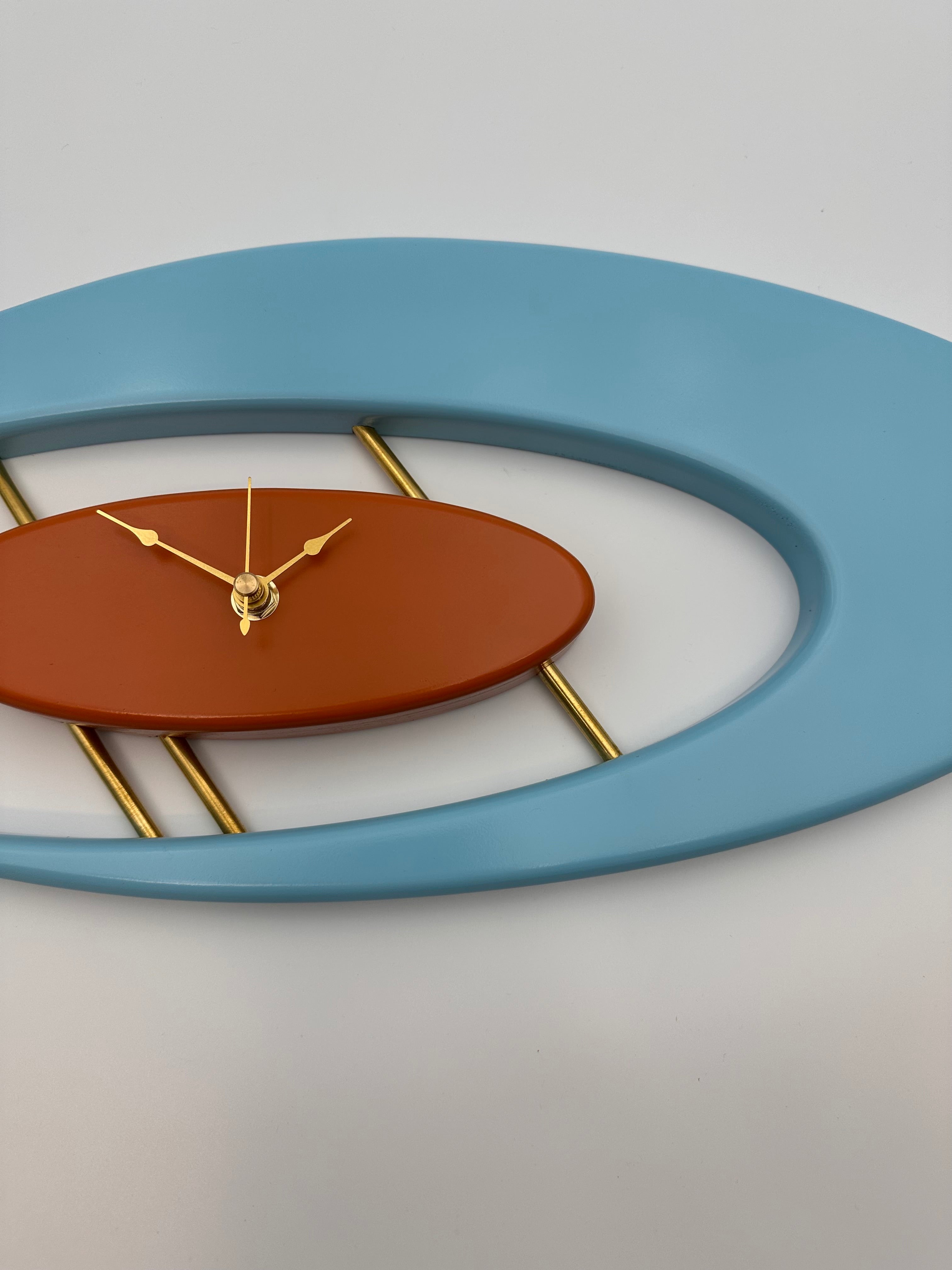 MCM Atomic Boomerang Clock Custom Hand Made Poplar, Sky Blue and Burnt Orange
