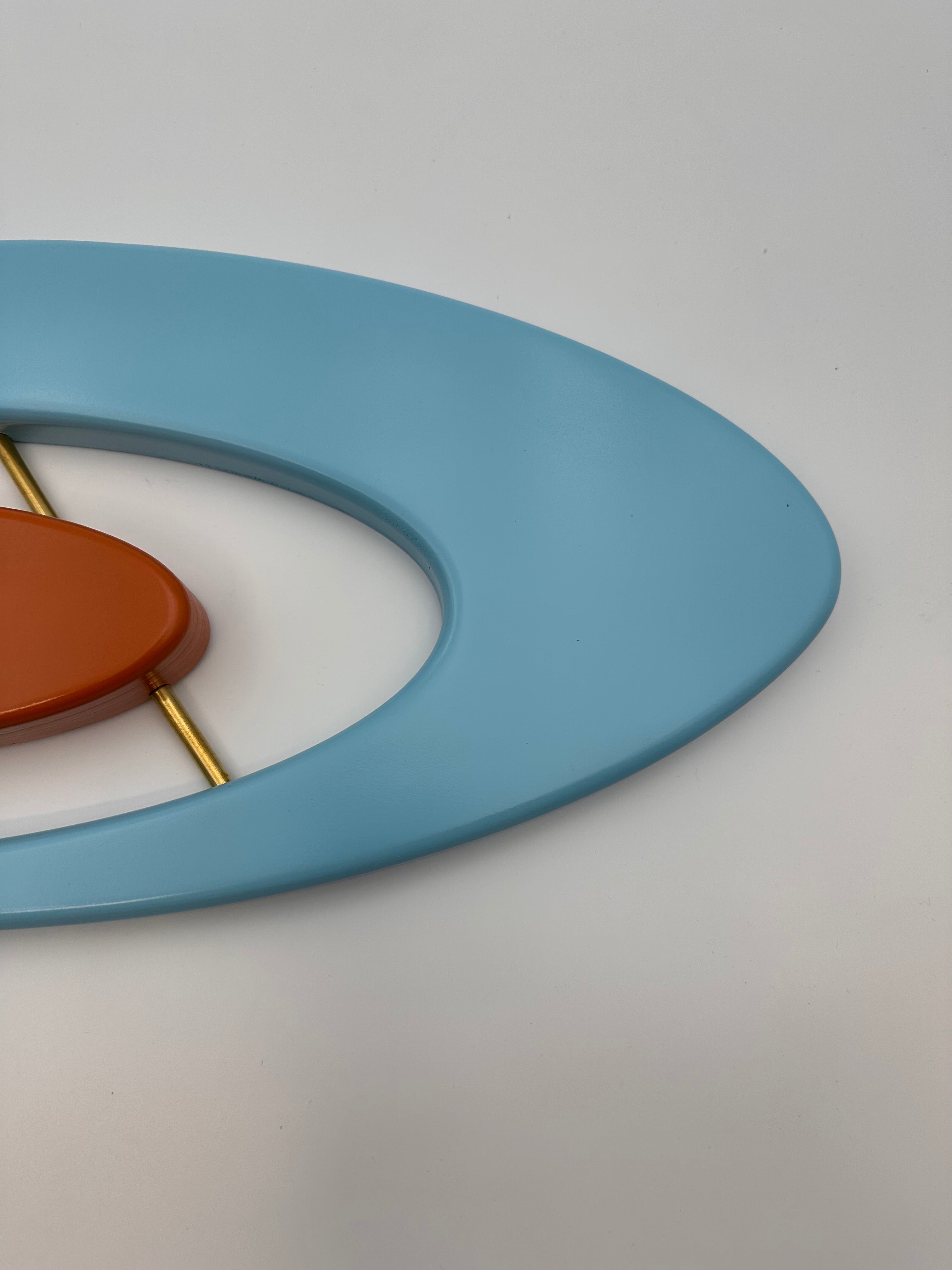 MCM Atomic Boomerang Clock Custom Hand Made Poplar, Sky Blue and Burnt Orange