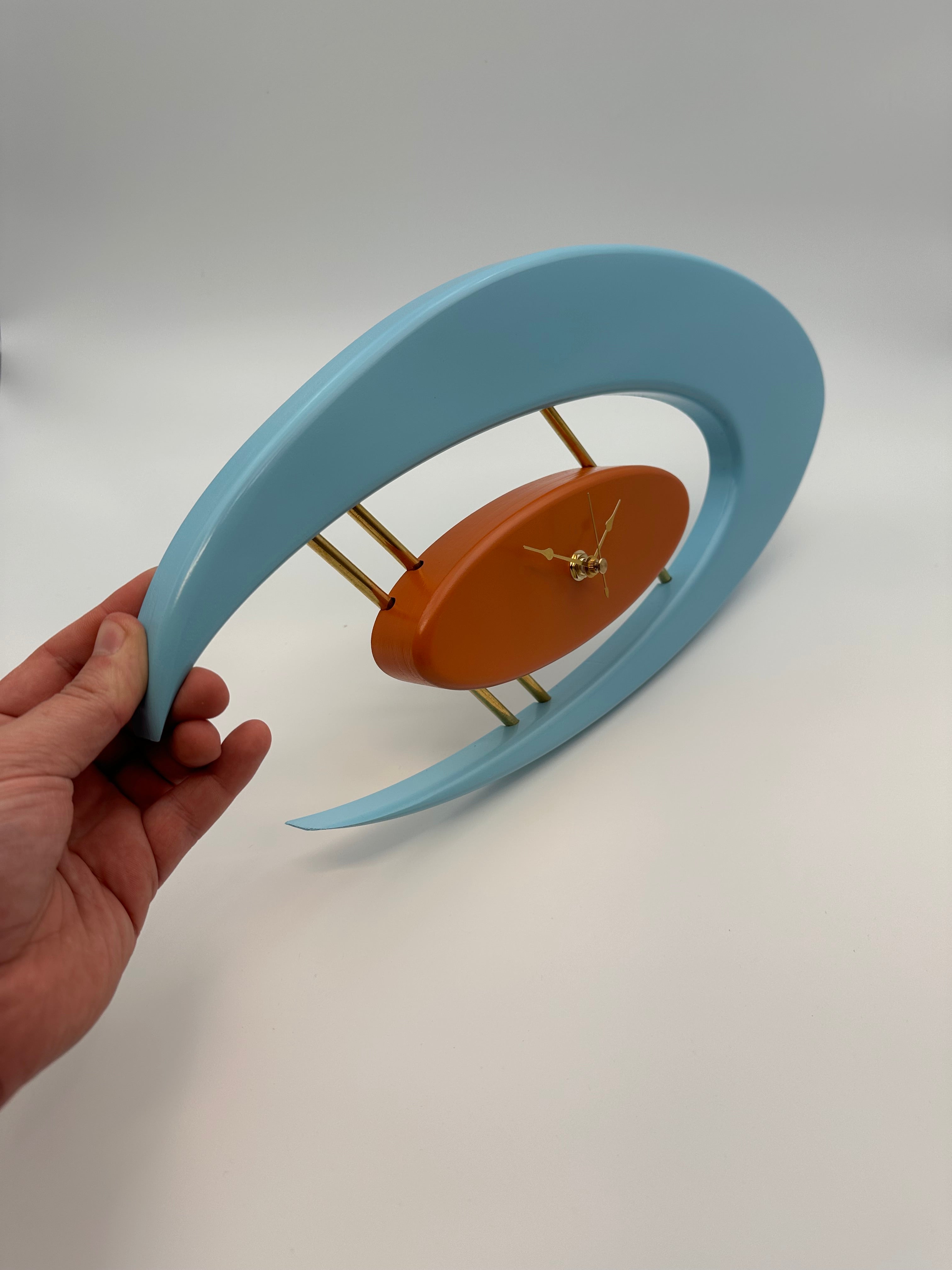 MCM Atomic Boomerang Clock Custom Hand Made Poplar, Sky Blue and Burnt Orange
