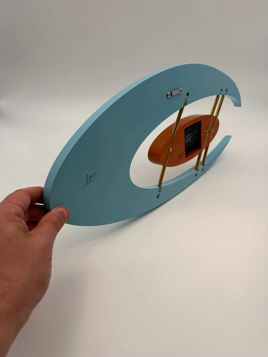 MCM Atomic Boomerang Clock Custom Hand Made Poplar, Sky Blue and Burnt Orange