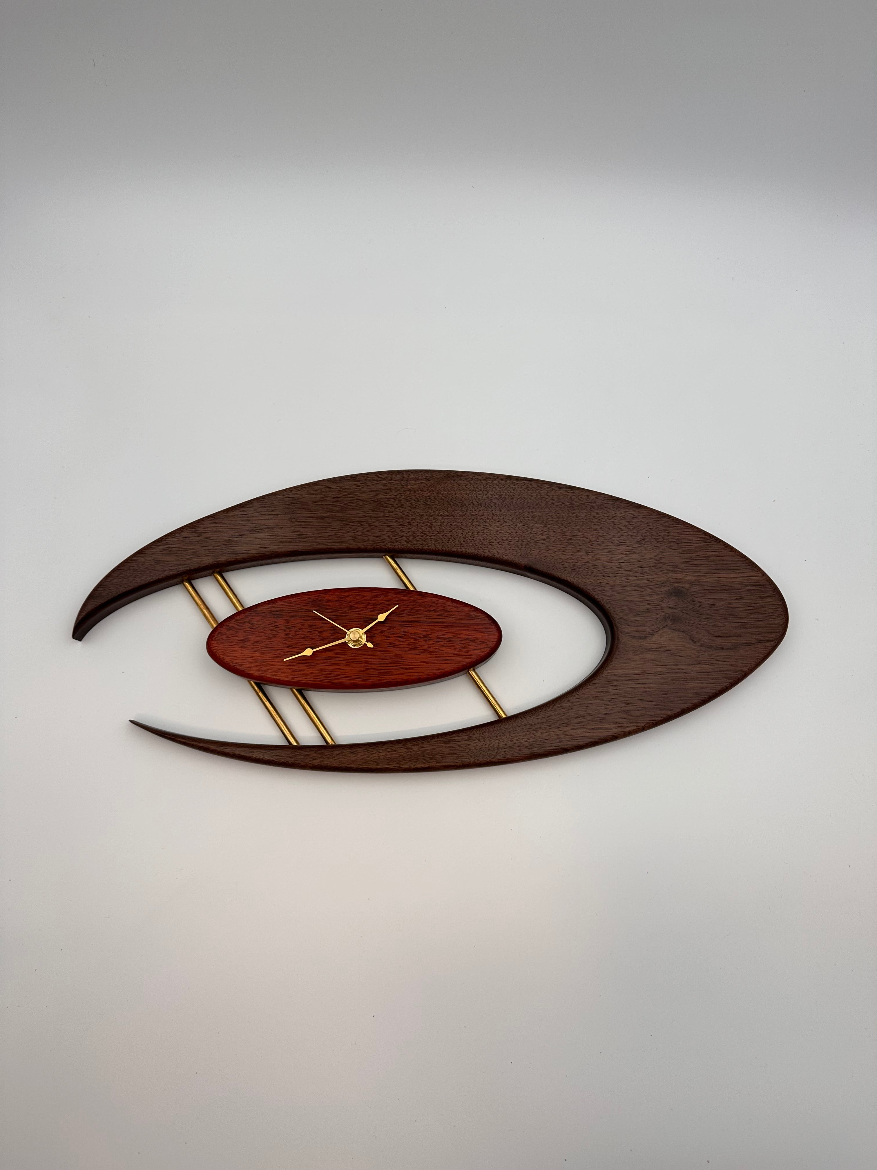 MCM Atomic Boomerang Clock Custom Hand Made Walnut, Bloodwood, Brass