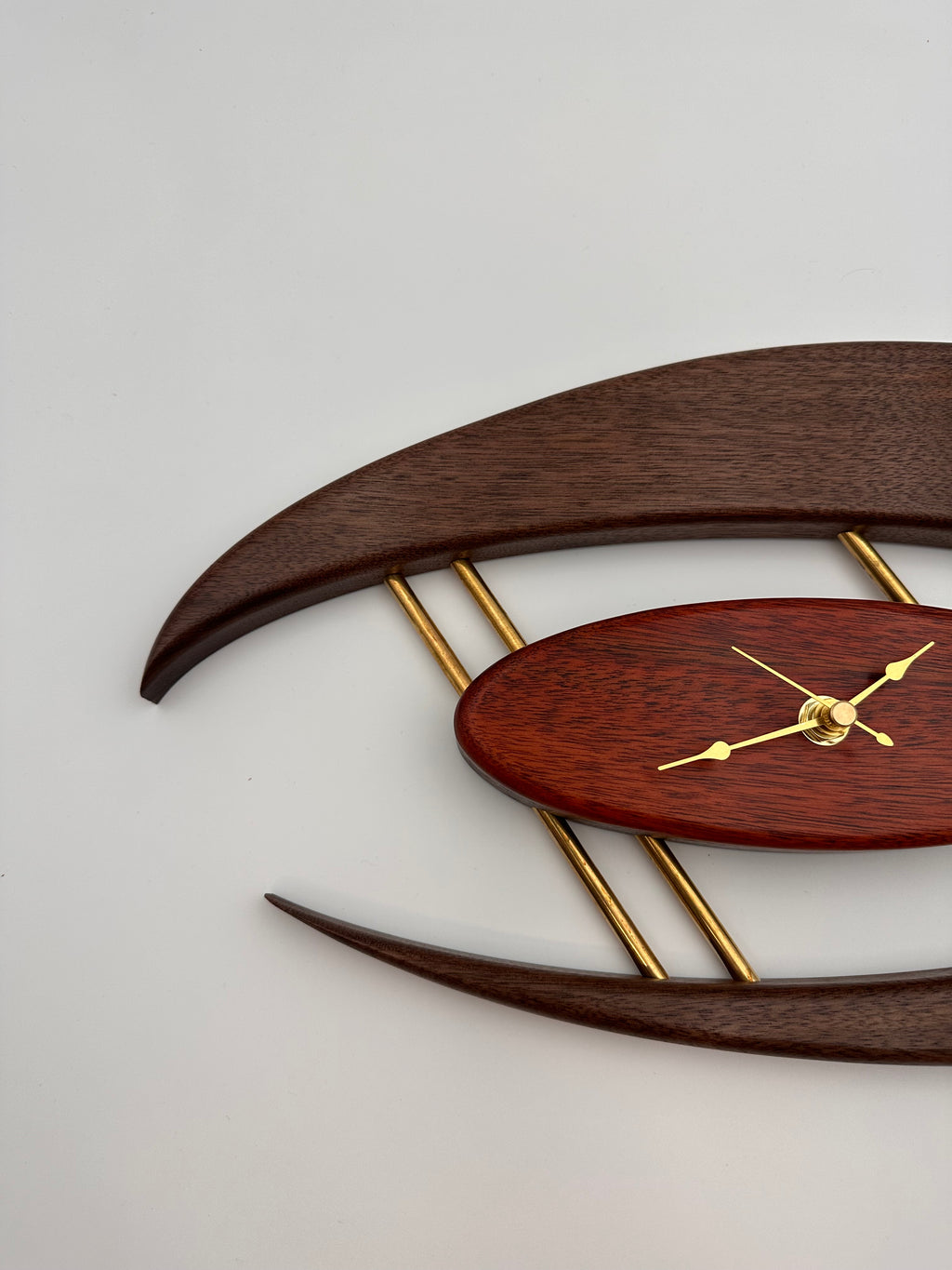 MCM Atomic Boomerang Clock Custom Hand Made Walnut, Bloodwood, Brass