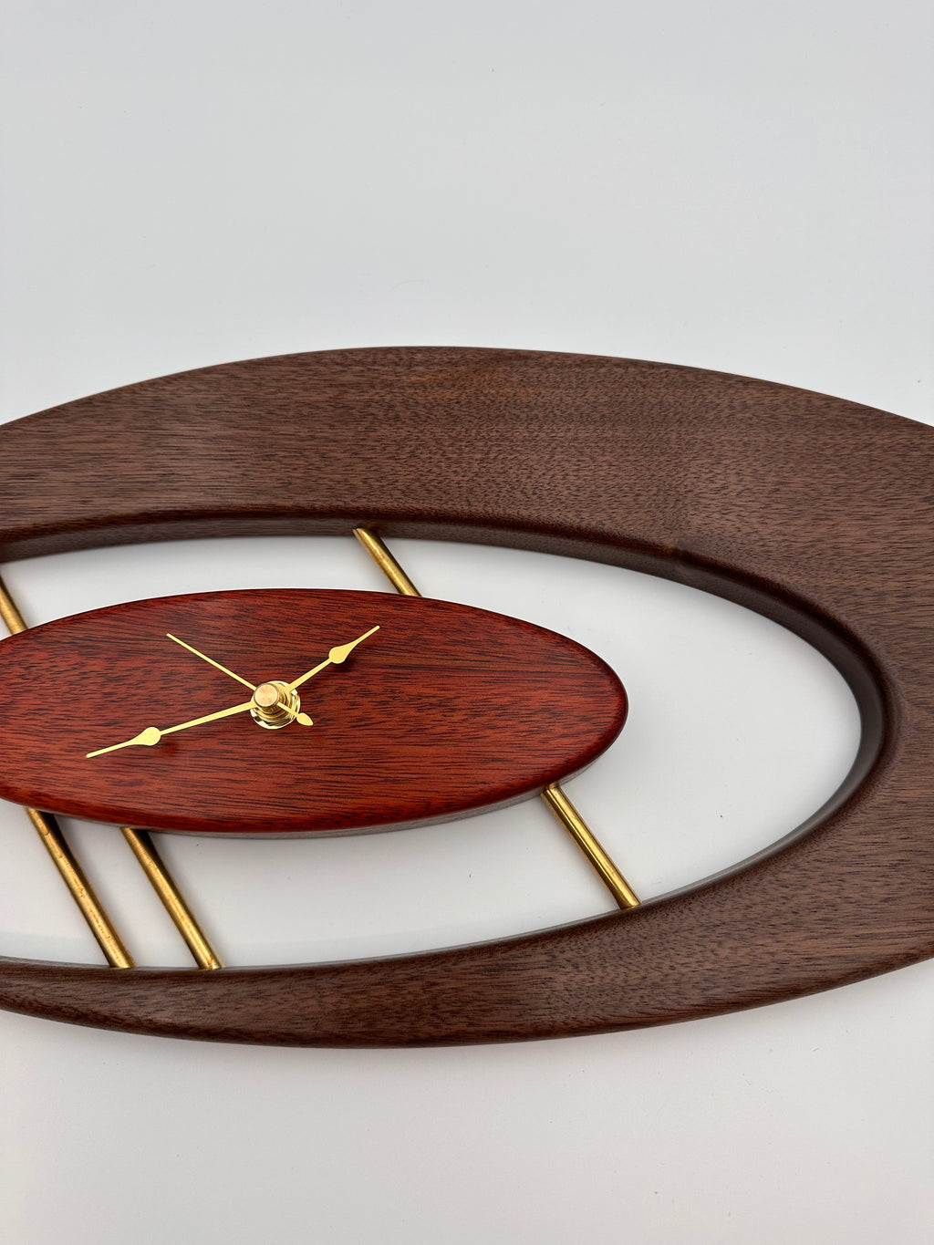 MCM Atomic Boomerang Clock Custom Hand Made Walnut, Bloodwood, Brass