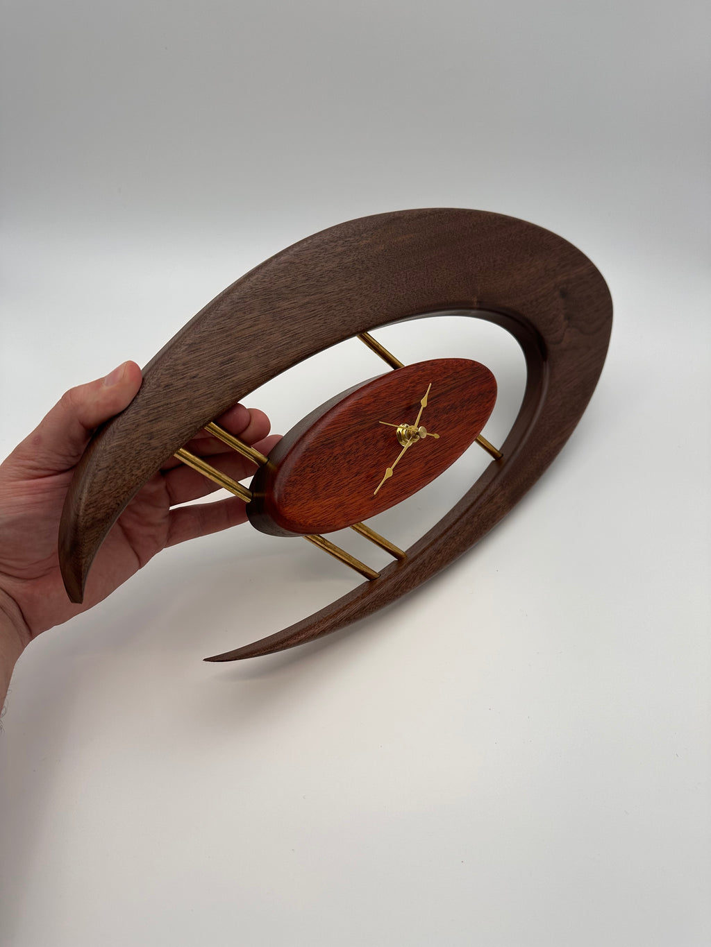 MCM Atomic Boomerang Clock Custom Hand Made Walnut, Bloodwood, Brass