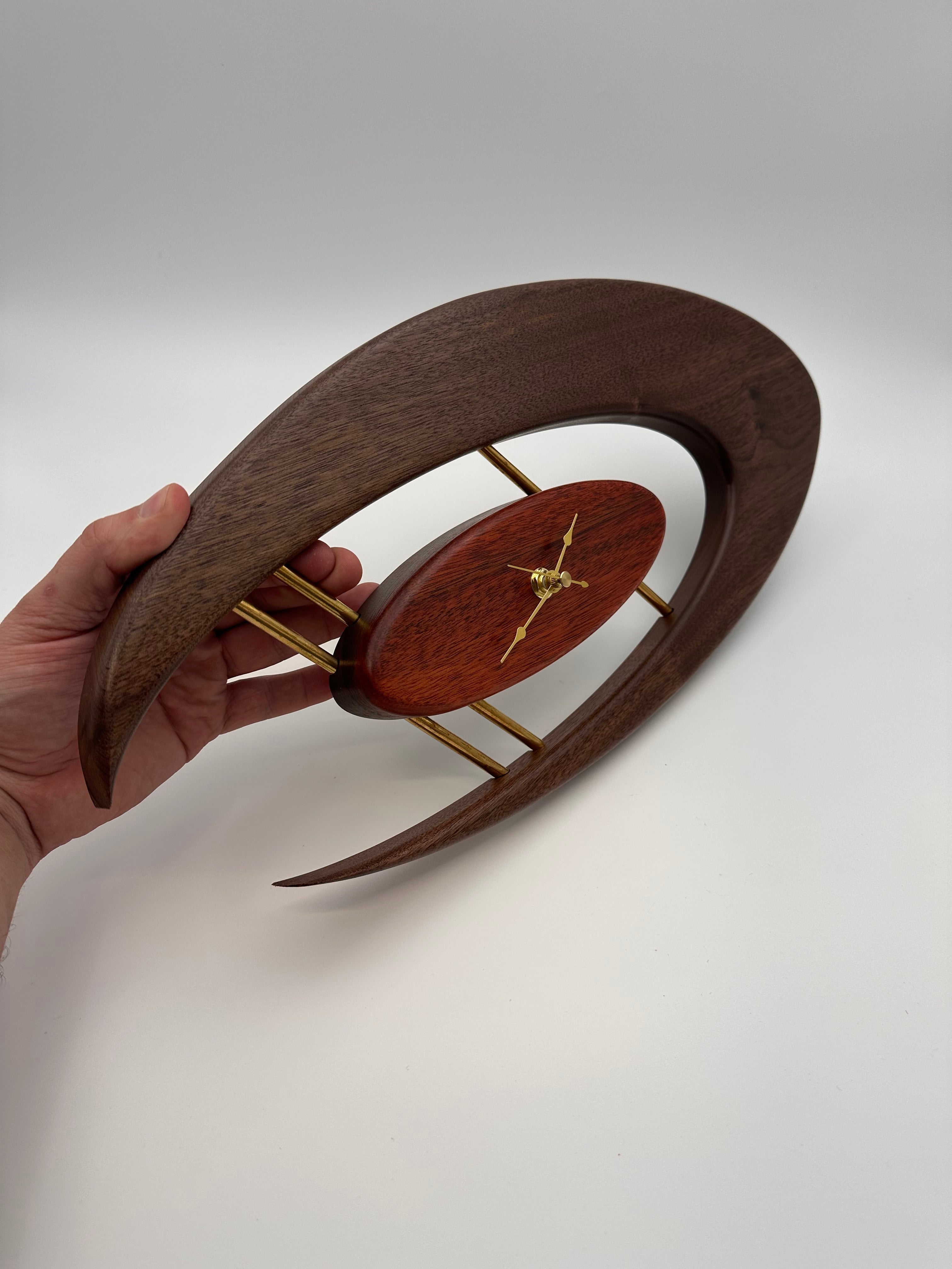 MCM Atomic Boomerang Clock Custom Hand Made Walnut, Bloodwood, Brass