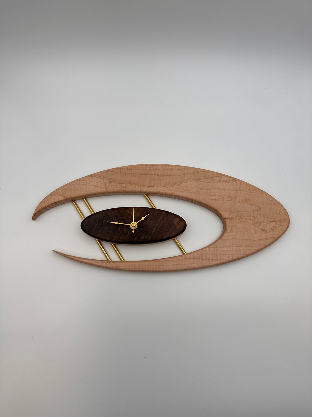 MCM Atomic Boomerang Clock Custom Hand Made Curly Maple, Curly Walnut, Brass, Symmetrical Curves