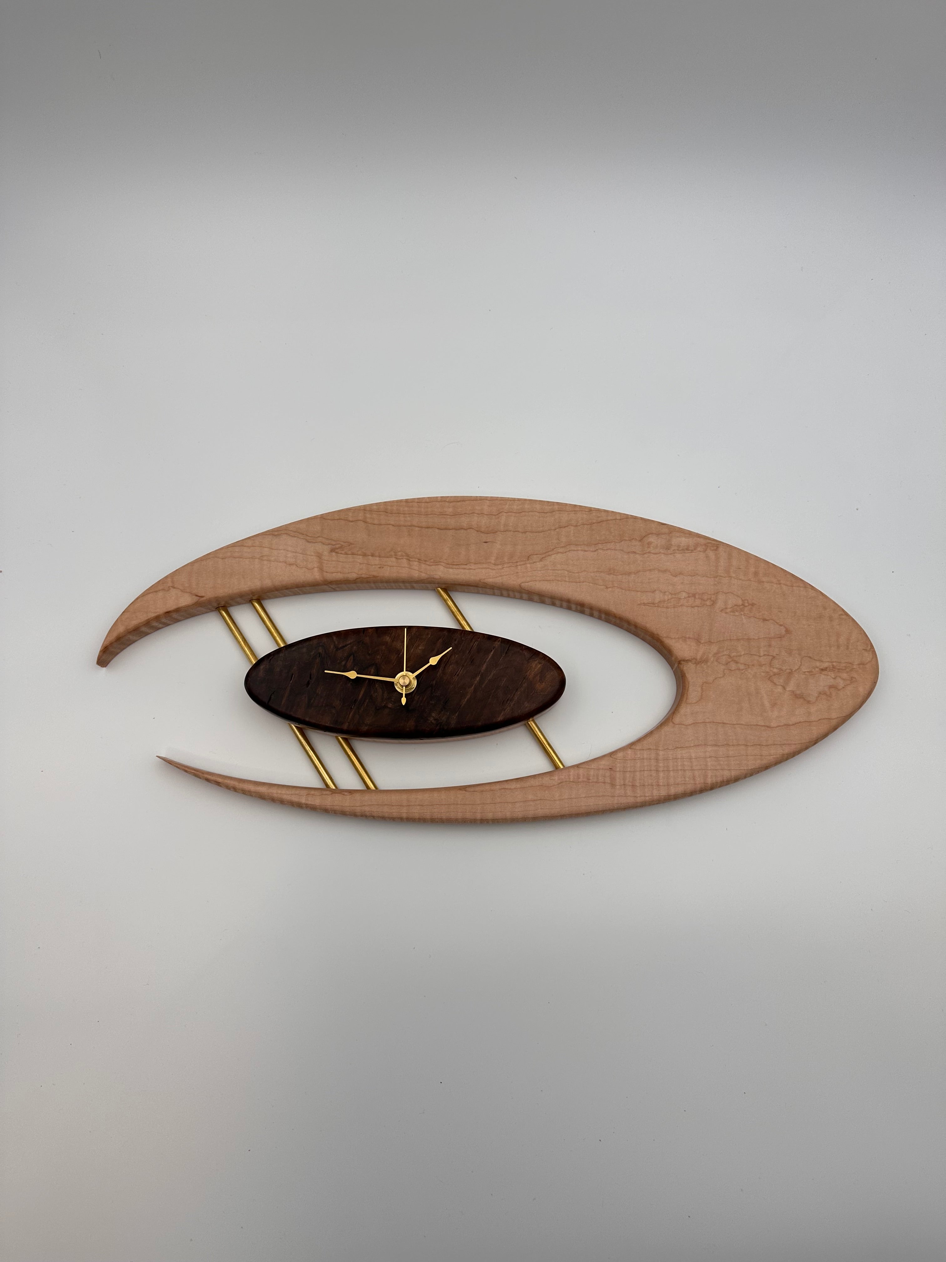 MCM Atomic Boomerang Clock Custom Hand Made Curly Maple, Curly Walnut, Brass, Symmetrical Curves