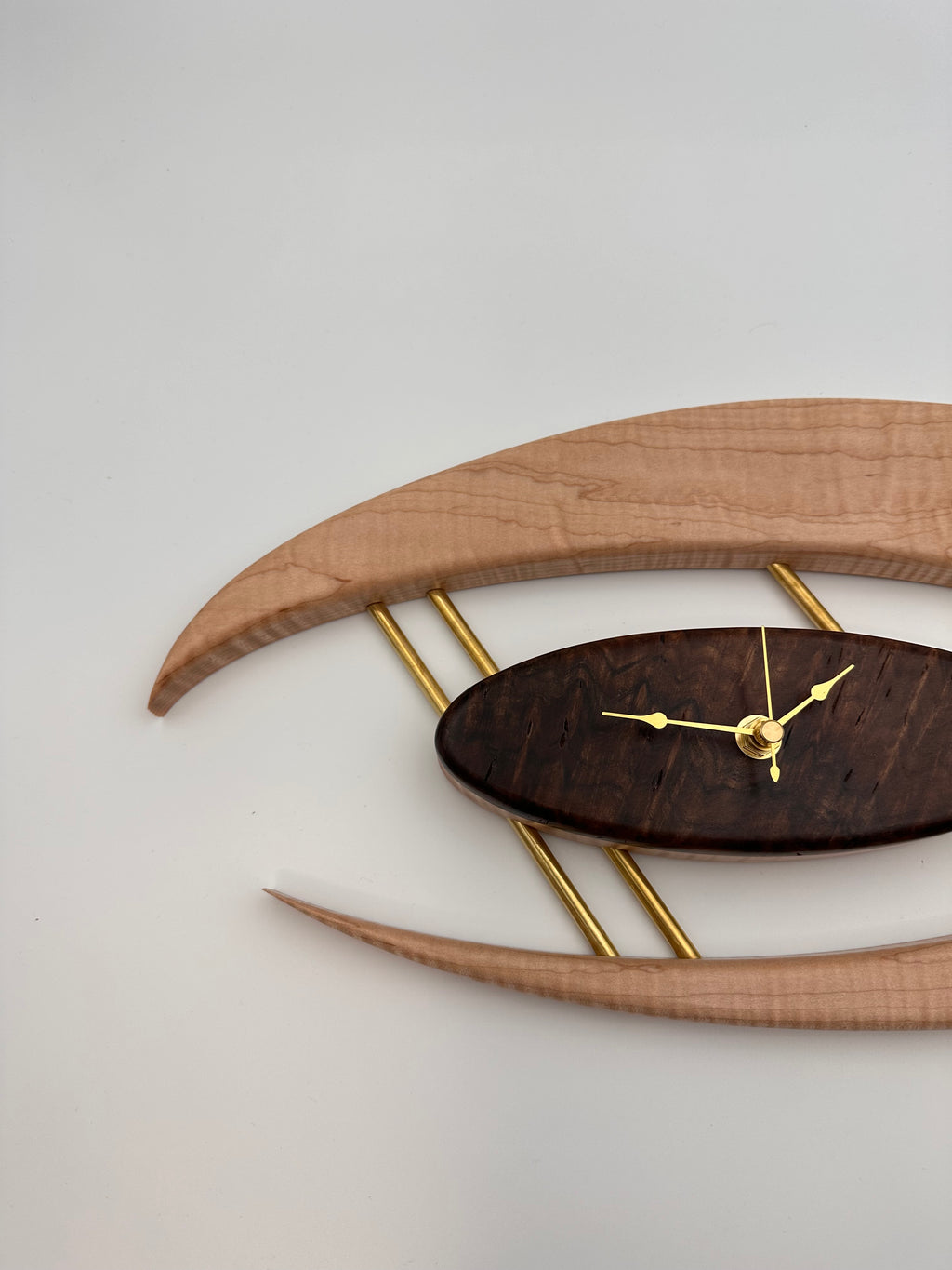 MCM Atomic Boomerang Clock Custom Hand Made Curly Maple, Curly Walnut, Brass, Symmetrical Curves