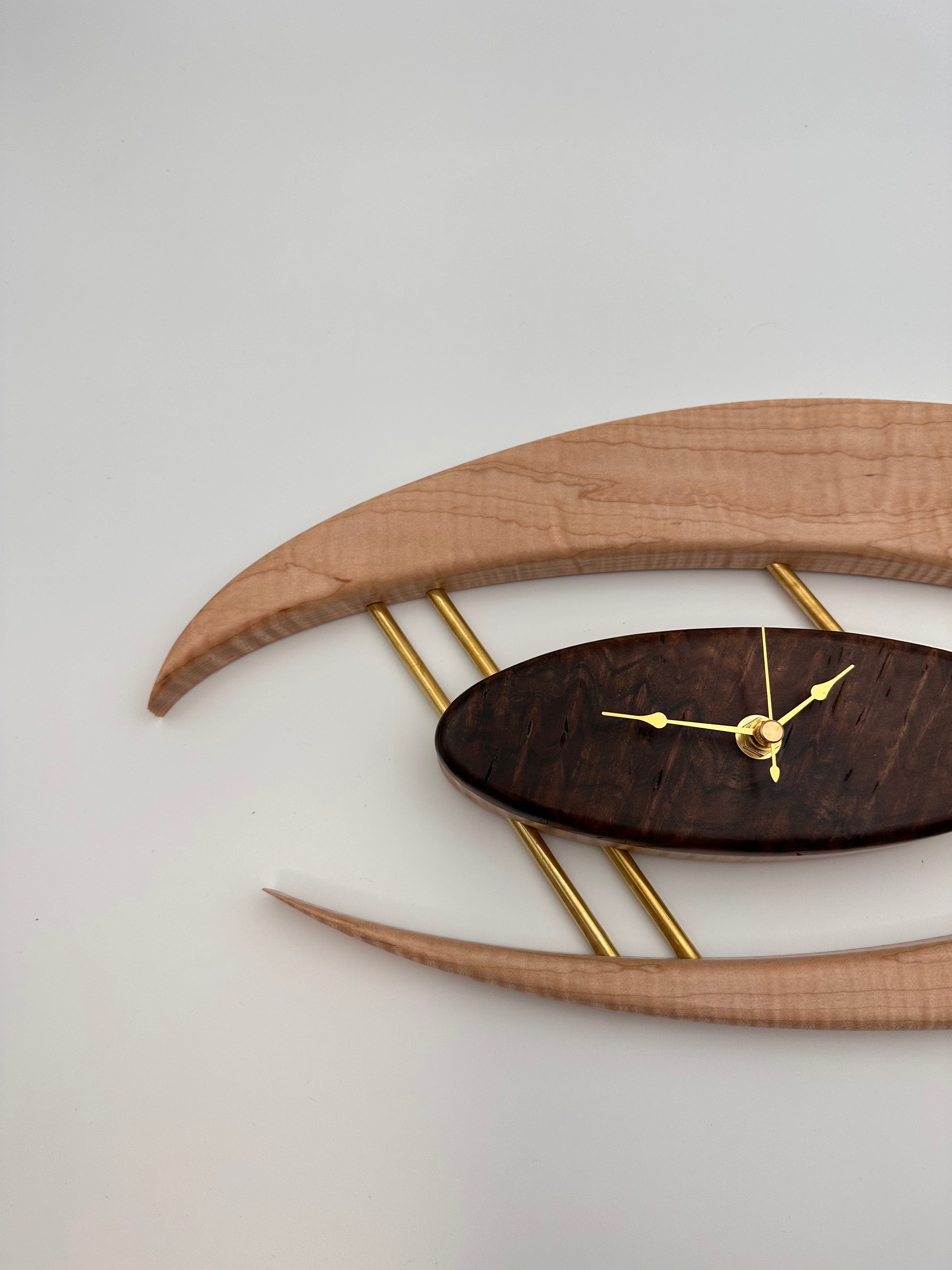 MCM Atomic Boomerang Clock Custom Hand Made Curly Maple, Curly Walnut, Brass, Symmetrical Curves