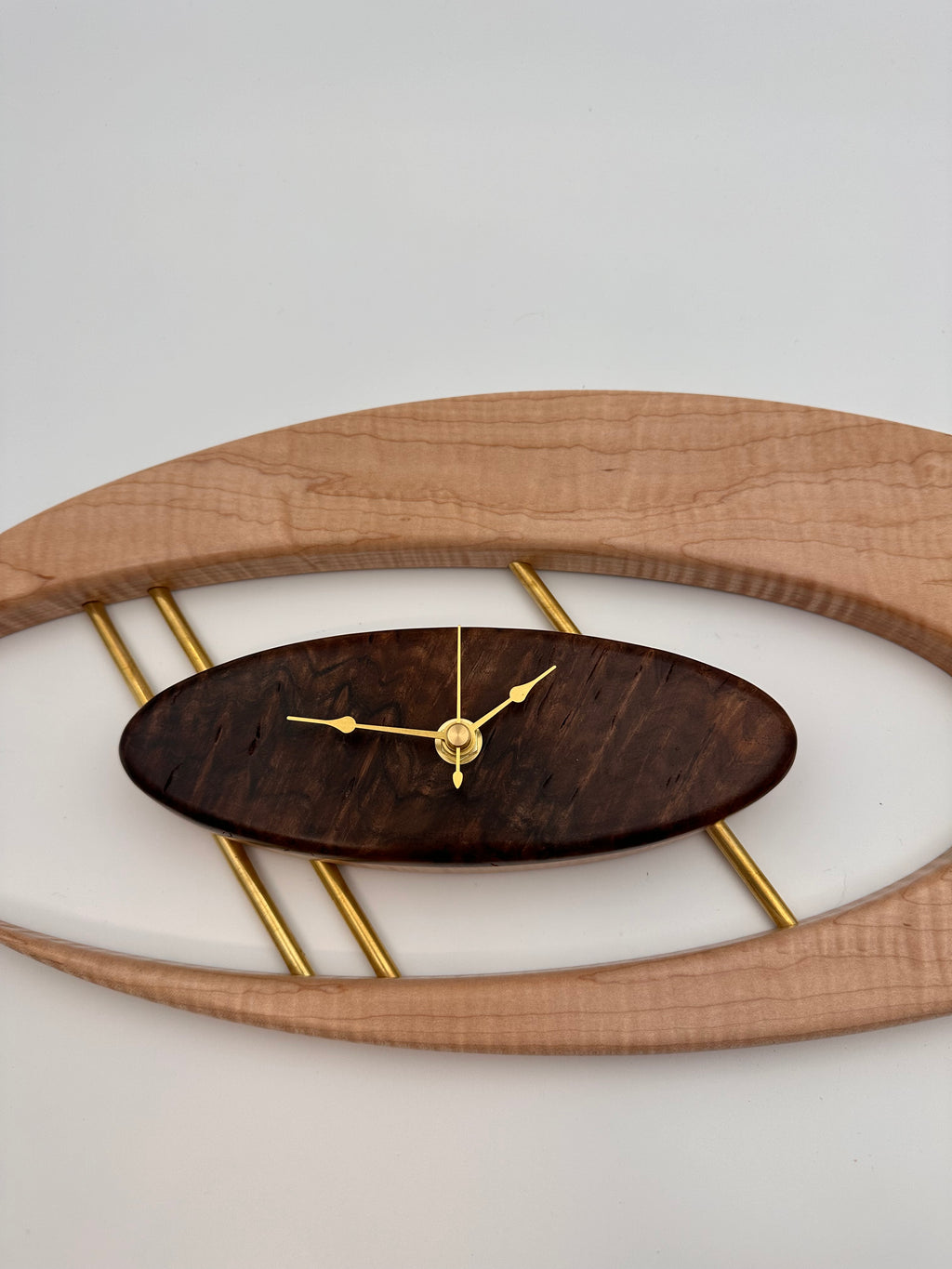 MCM Atomic Boomerang Clock Custom Hand Made Curly Maple, Curly Walnut, Brass, Symmetrical Curves