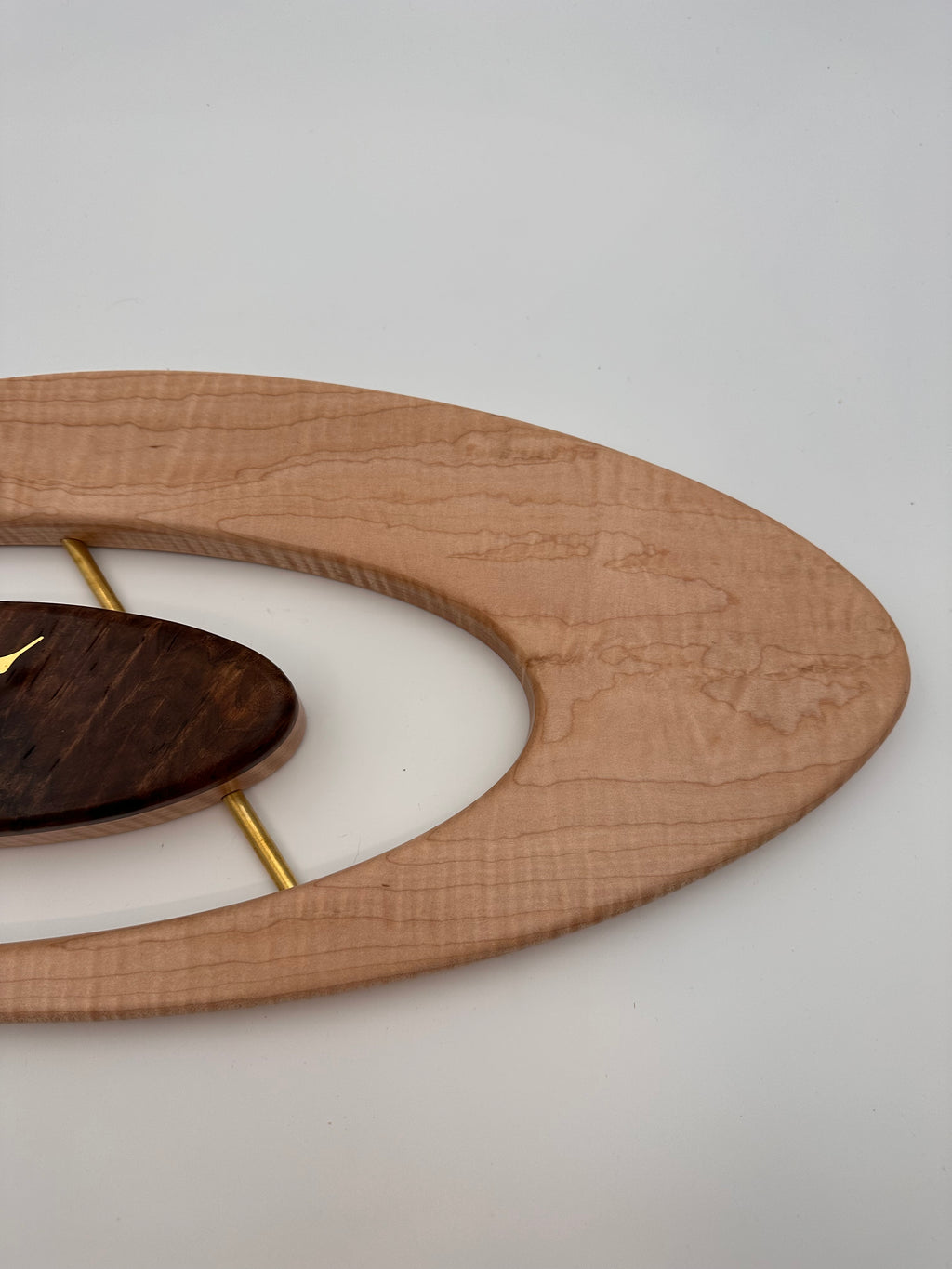 MCM Atomic Boomerang Clock Custom Hand Made Curly Maple, Curly Walnut, Brass, Symmetrical Curves