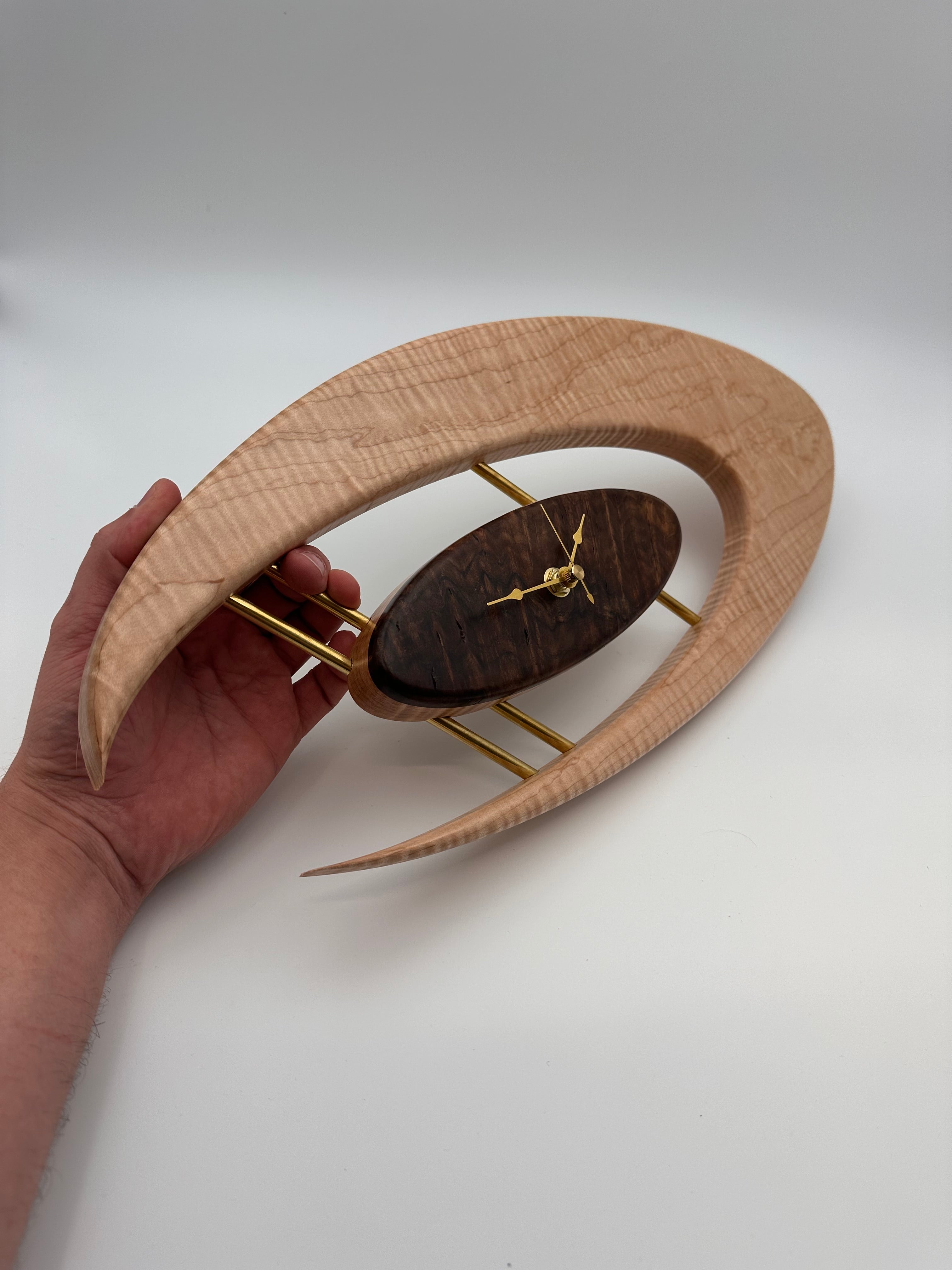 MCM Atomic Boomerang Clock Custom Hand Made Curly Maple, Curly Walnut, Brass, Symmetrical Curves