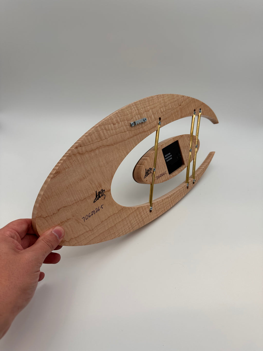 MCM Atomic Boomerang Clock Custom Hand Made Curly Maple, Curly Walnut, Brass, Symmetrical Curves