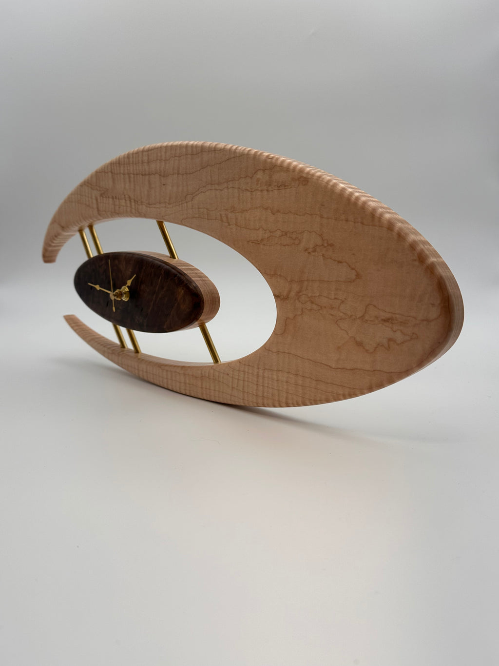 MCM Atomic Boomerang Clock Custom Hand Made Curly Maple, Curly Walnut, Brass, Symmetrical Curves