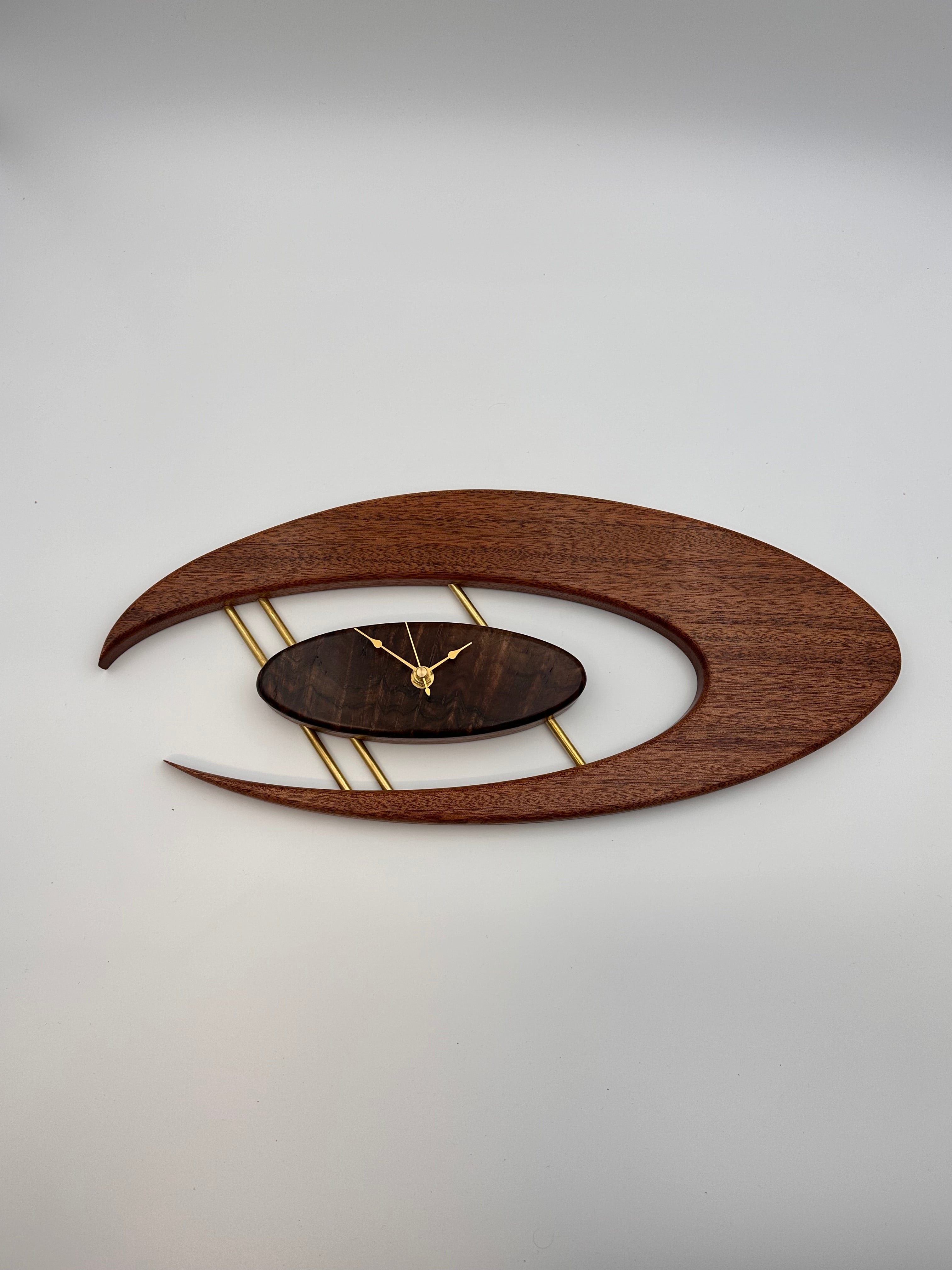 MCM Atomic Boomerang Clock Custom Hand Made Mahogany, Curly Walnut, Brass, Symmetrical Curves