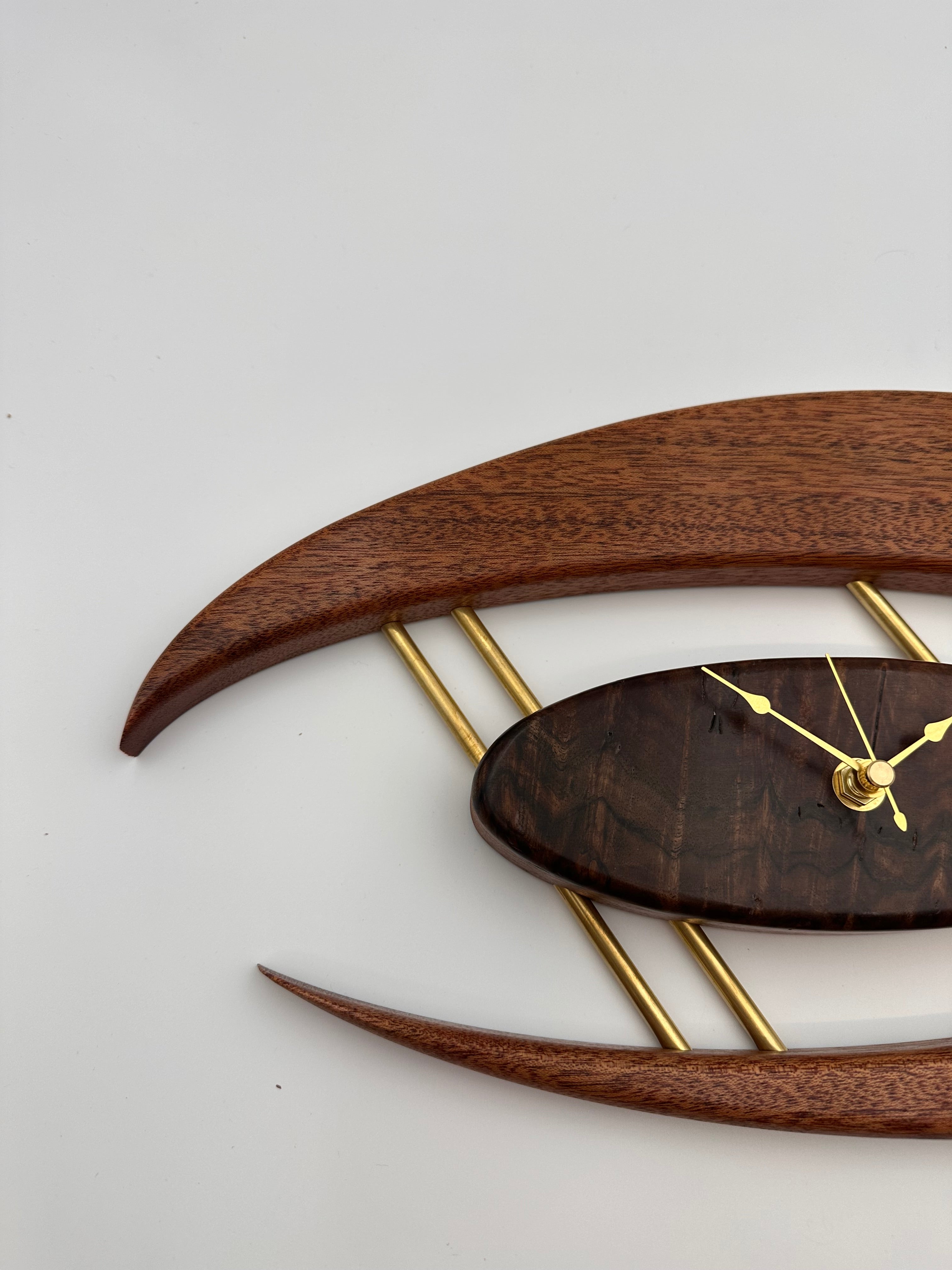 MCM Atomic Boomerang Clock Custom Hand Made Mahogany, Curly Walnut, Brass, Symmetrical Curves