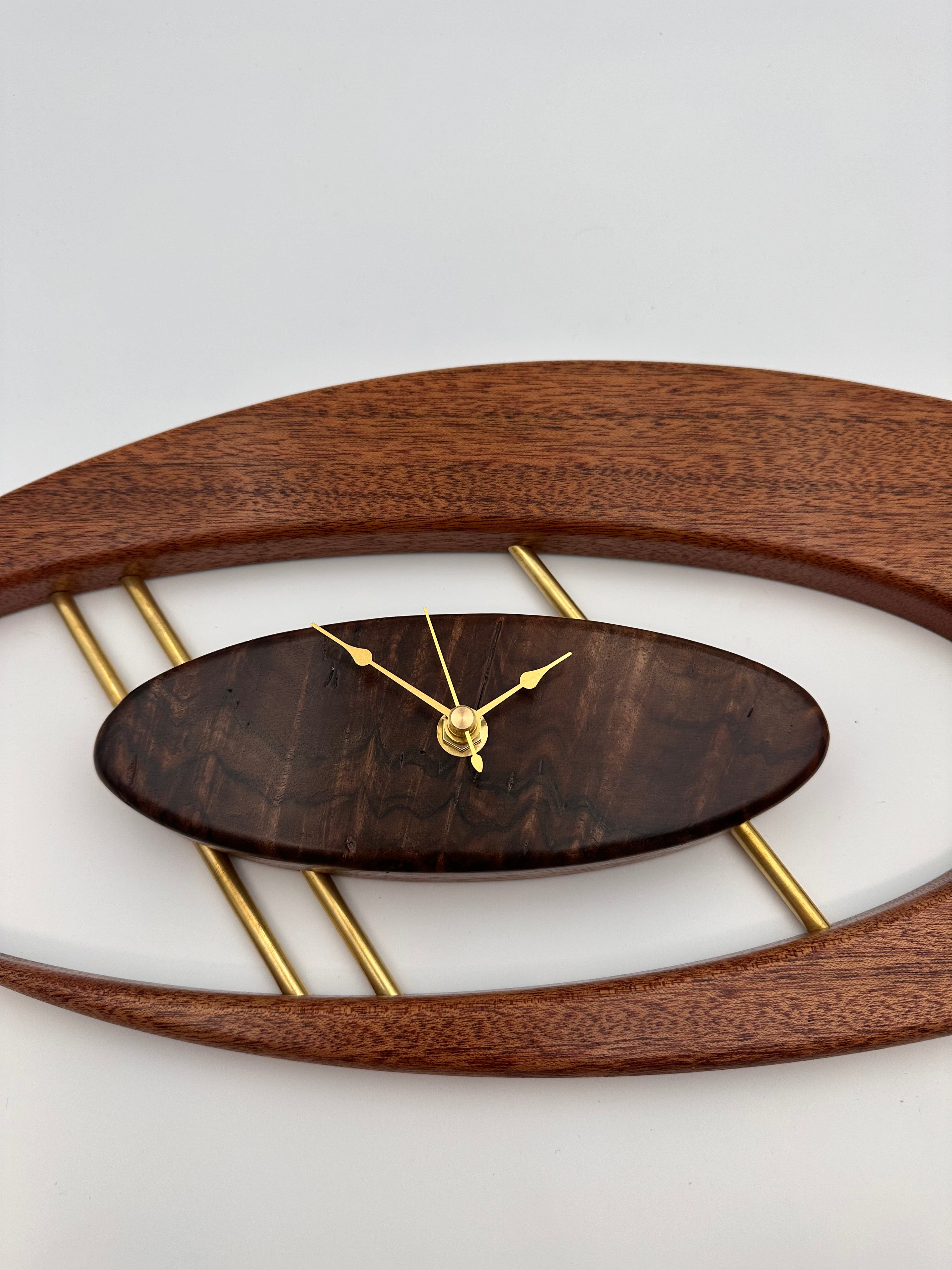 MCM Atomic Boomerang Clock Custom Hand Made Mahogany, Curly Walnut, Brass, Symmetrical Curves