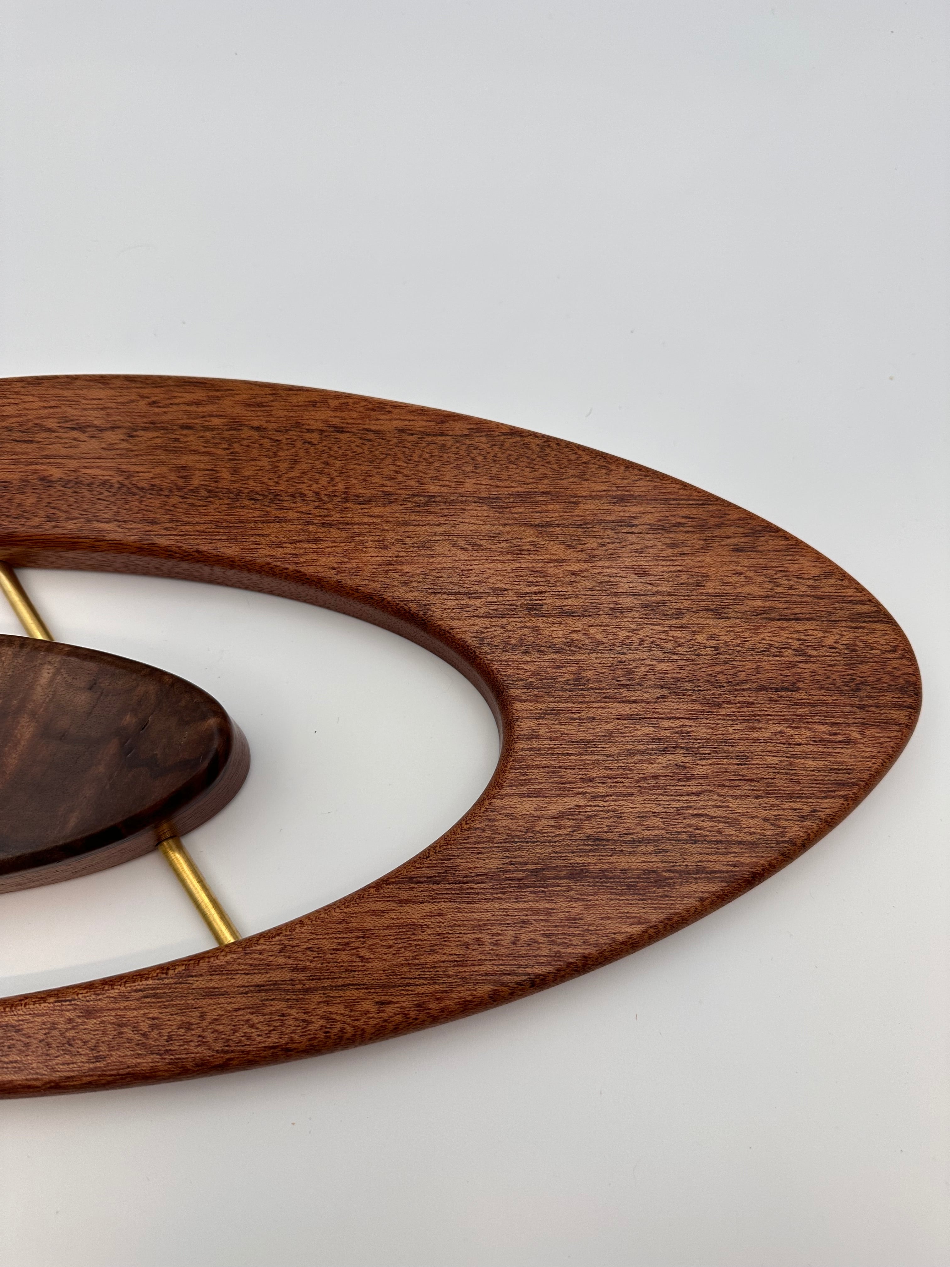 MCM Atomic Boomerang Clock Custom Hand Made Mahogany, Curly Walnut, Brass, Symmetrical Curves