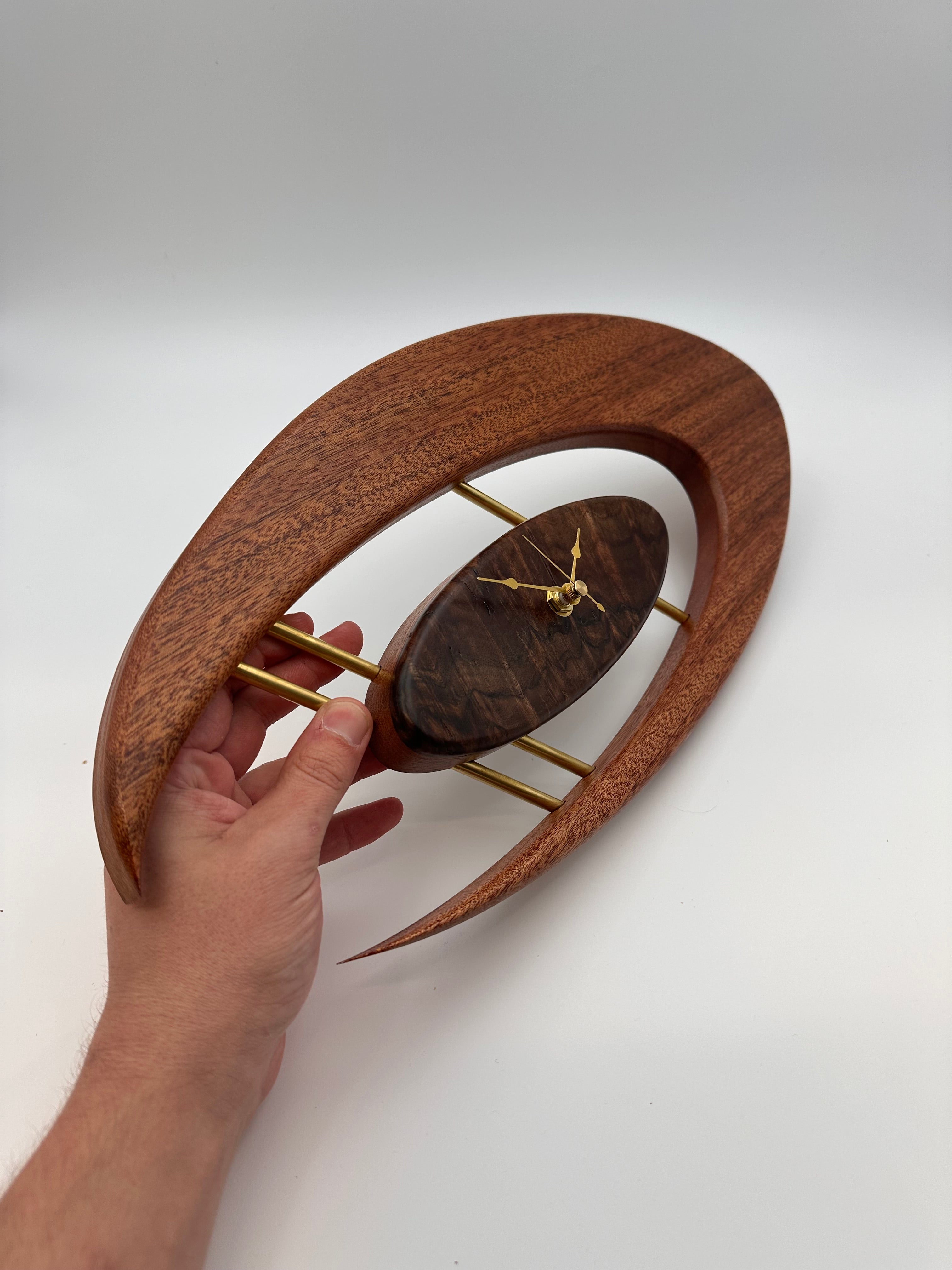 MCM Atomic Boomerang Clock Custom Hand Made Mahogany, Curly Walnut, Brass, Symmetrical Curves