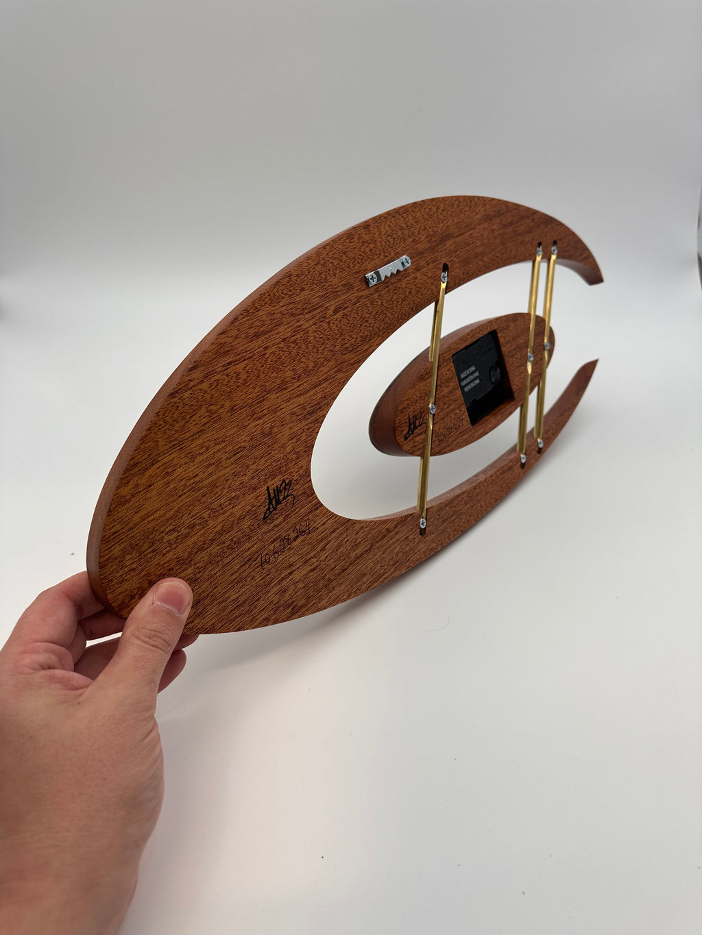 MCM Atomic Boomerang Clock Custom Hand Made Mahogany, Curly Walnut, Brass, Symmetrical Curves