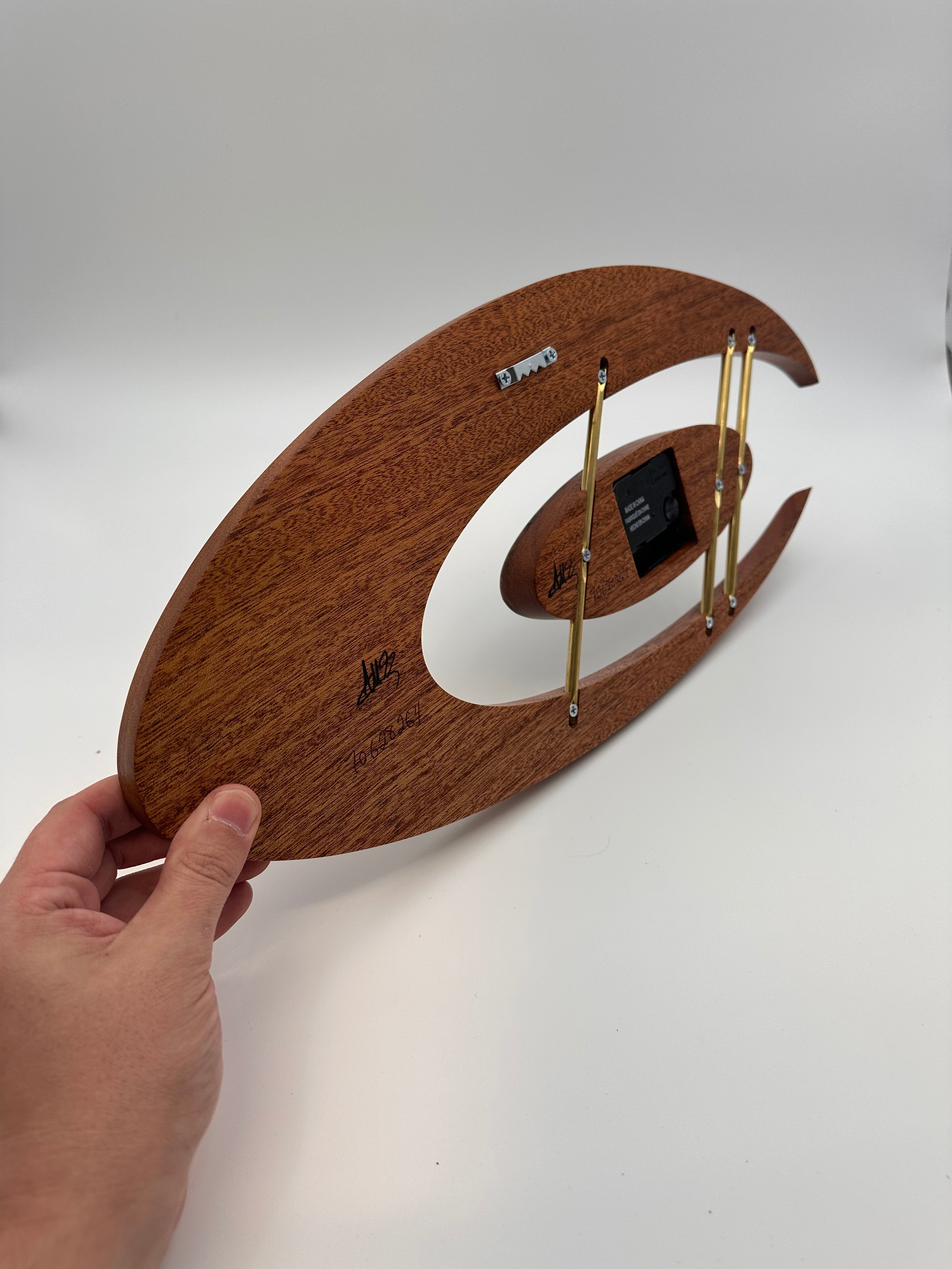MCM Atomic Boomerang Clock Custom Hand Made Mahogany, Curly Walnut, Brass, Symmetrical Curves