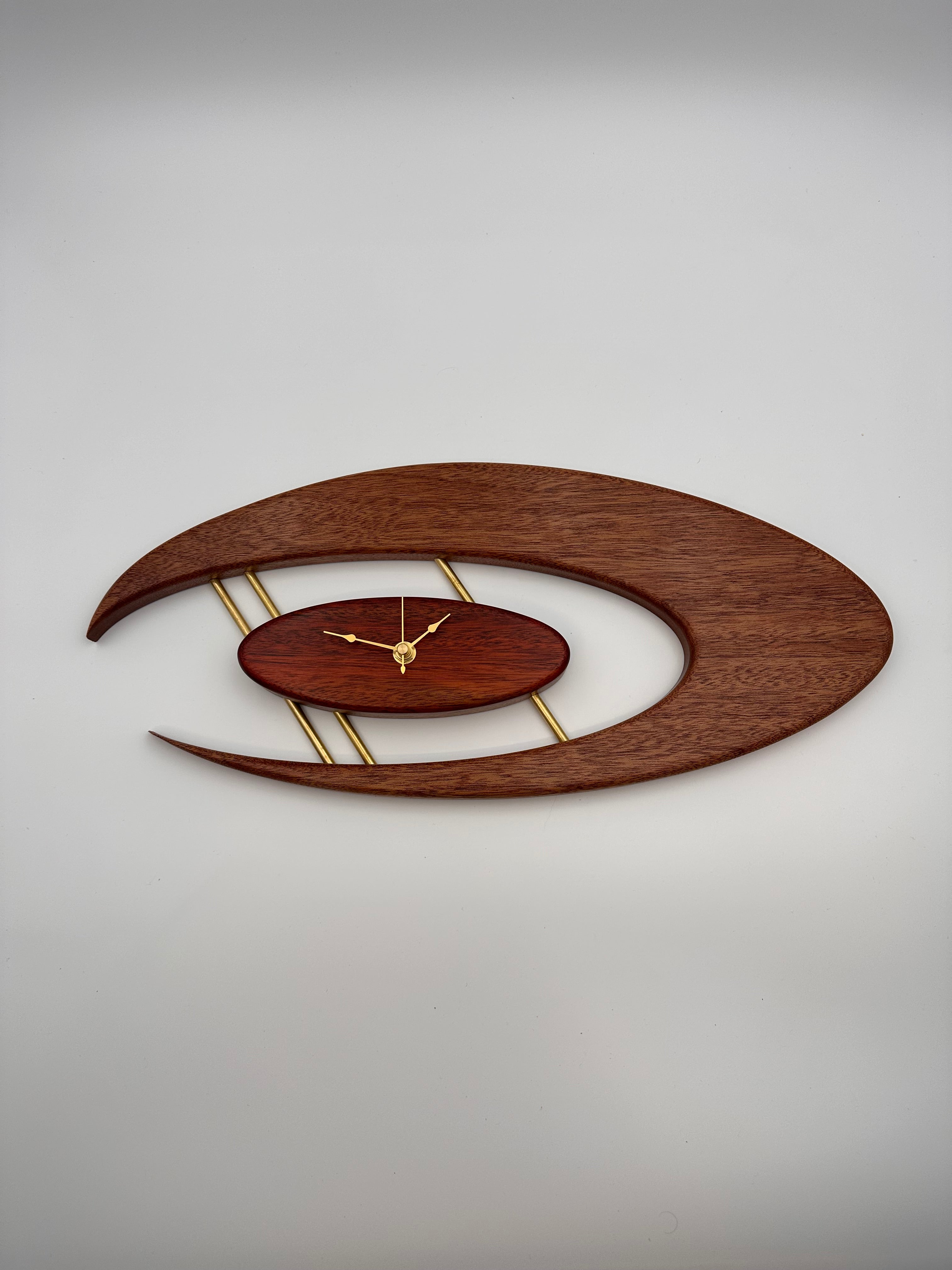 MCM Atomic Boomerang Clock Custom Hand Made Mahogany, Bloodwood, Brass, Symmetrical Curves