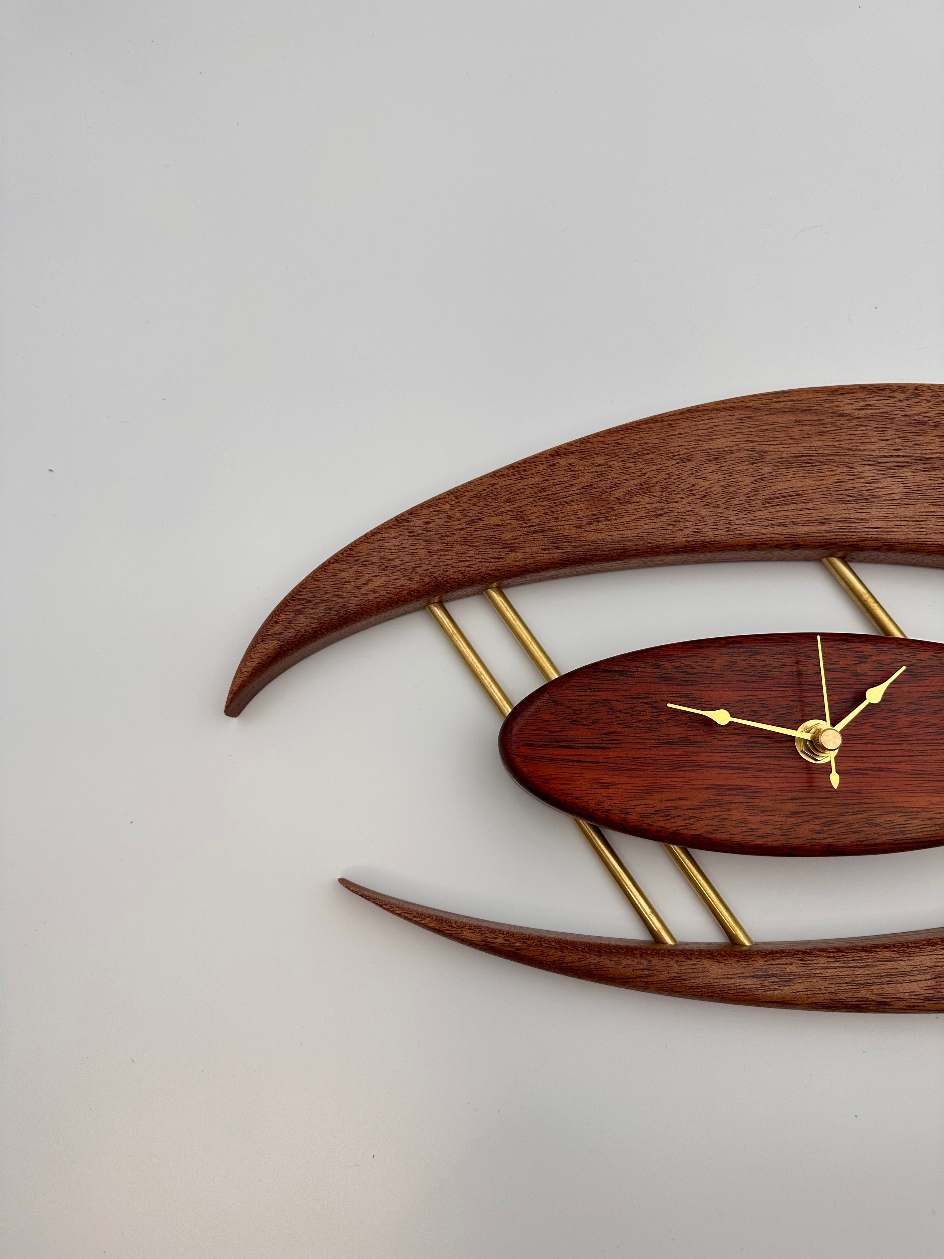 MCM Atomic Boomerang Clock Custom Hand Made Mahogany, Bloodwood, Brass, Symmetrical Curves