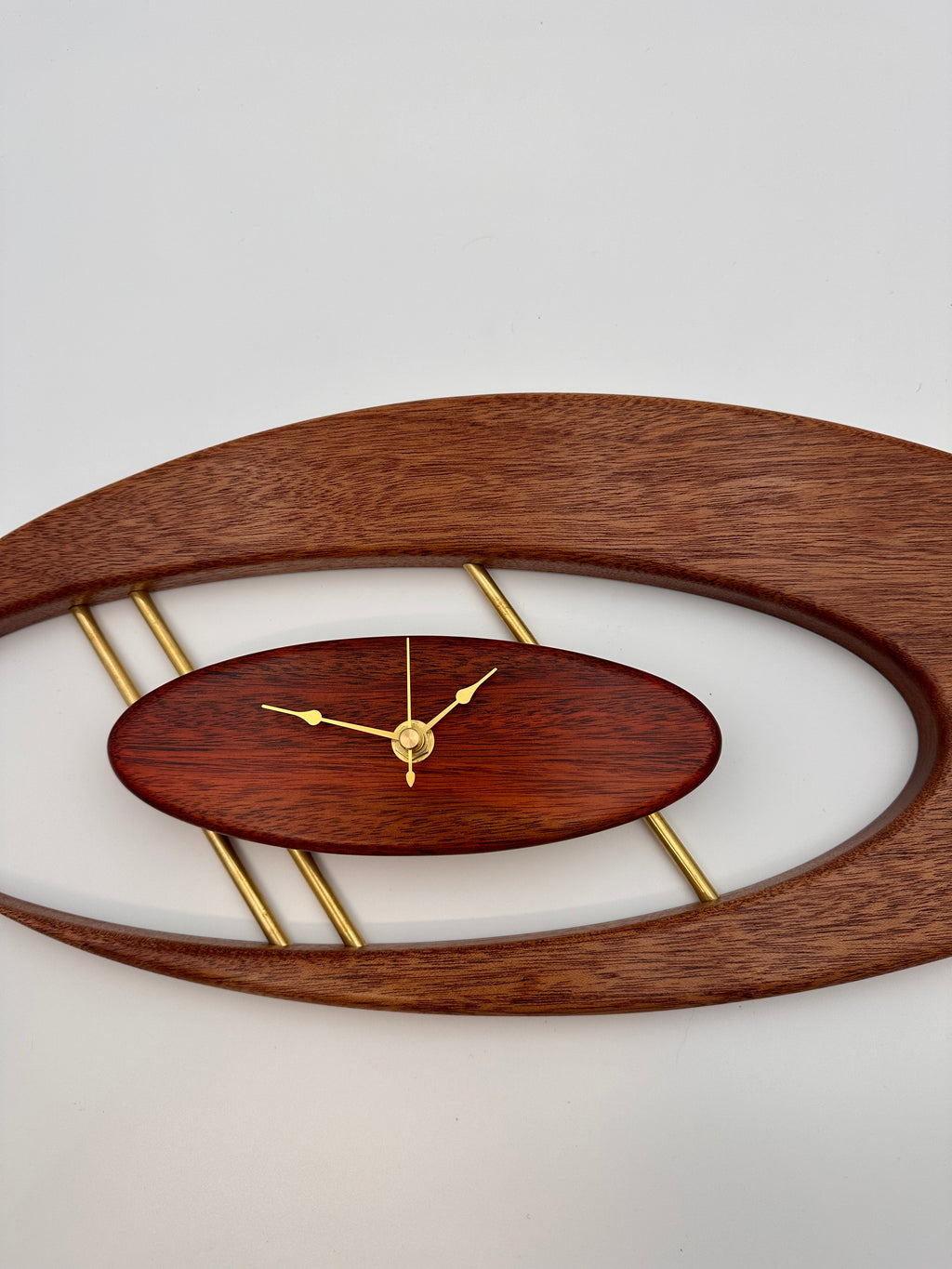 MCM Atomic Boomerang Clock Custom Hand Made Mahogany, Bloodwood, Brass, Symmetrical Curves