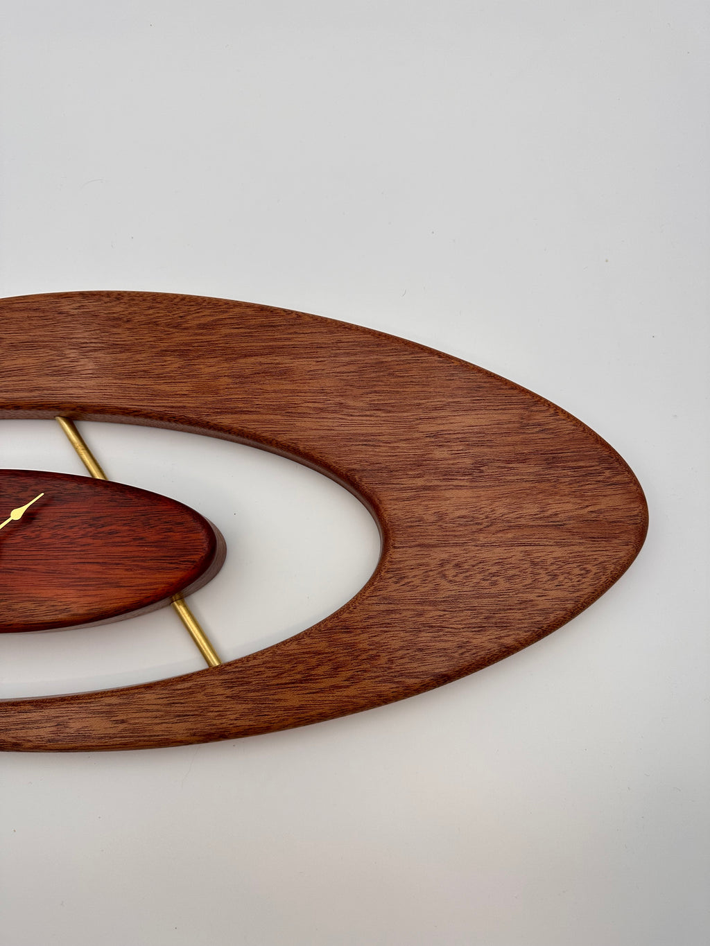 MCM Atomic Boomerang Clock Custom Hand Made Mahogany, Bloodwood, Brass, Symmetrical Curves
