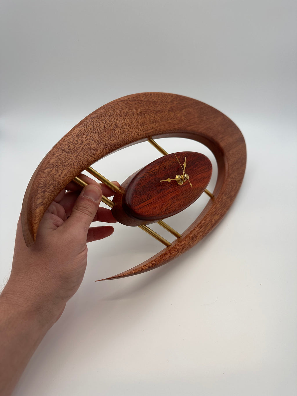 MCM Atomic Boomerang Clock Custom Hand Made Mahogany, Bloodwood, Brass, Symmetrical Curves