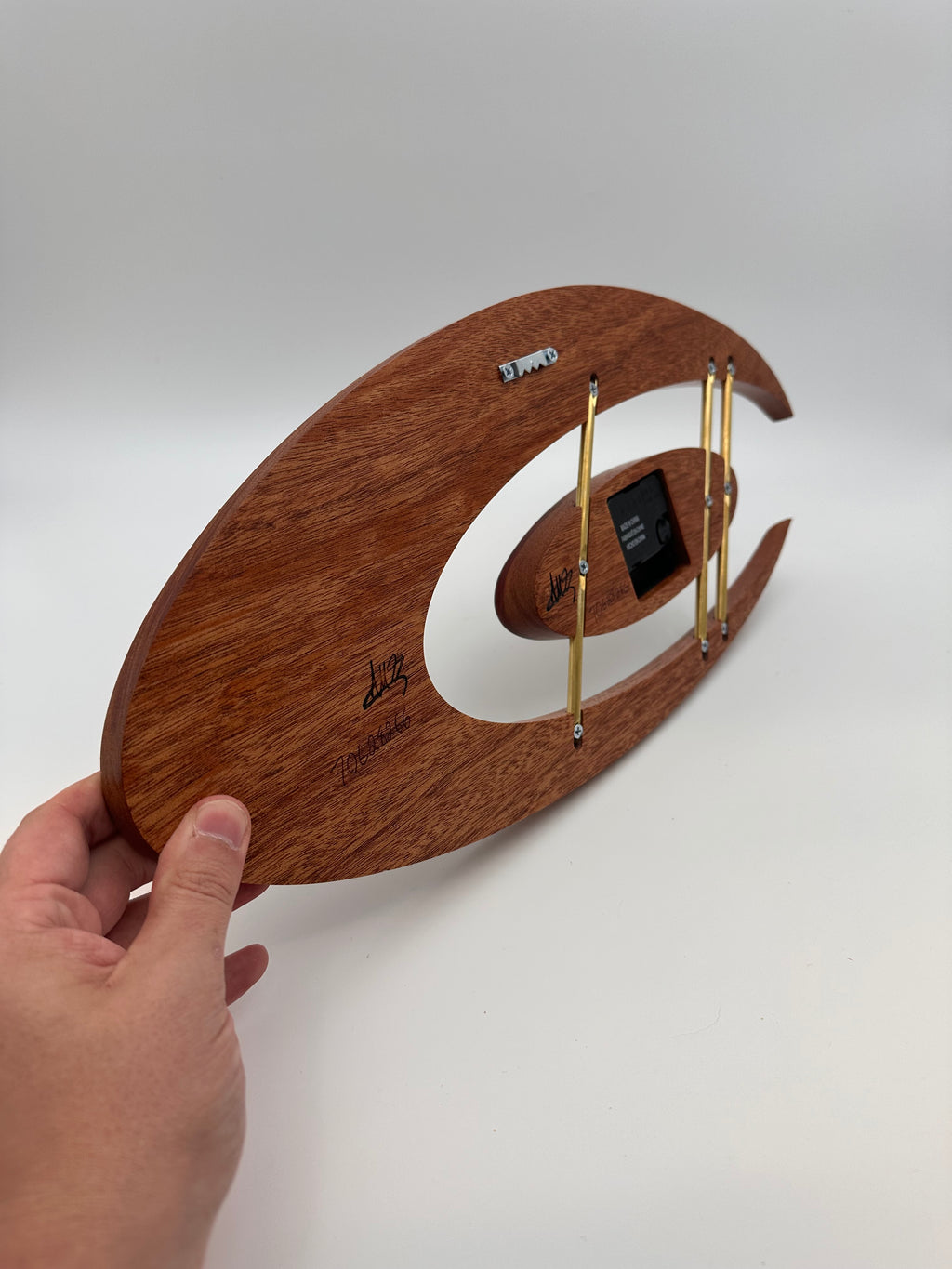 MCM Atomic Boomerang Clock Custom Hand Made Mahogany, Bloodwood, Brass, Symmetrical Curves