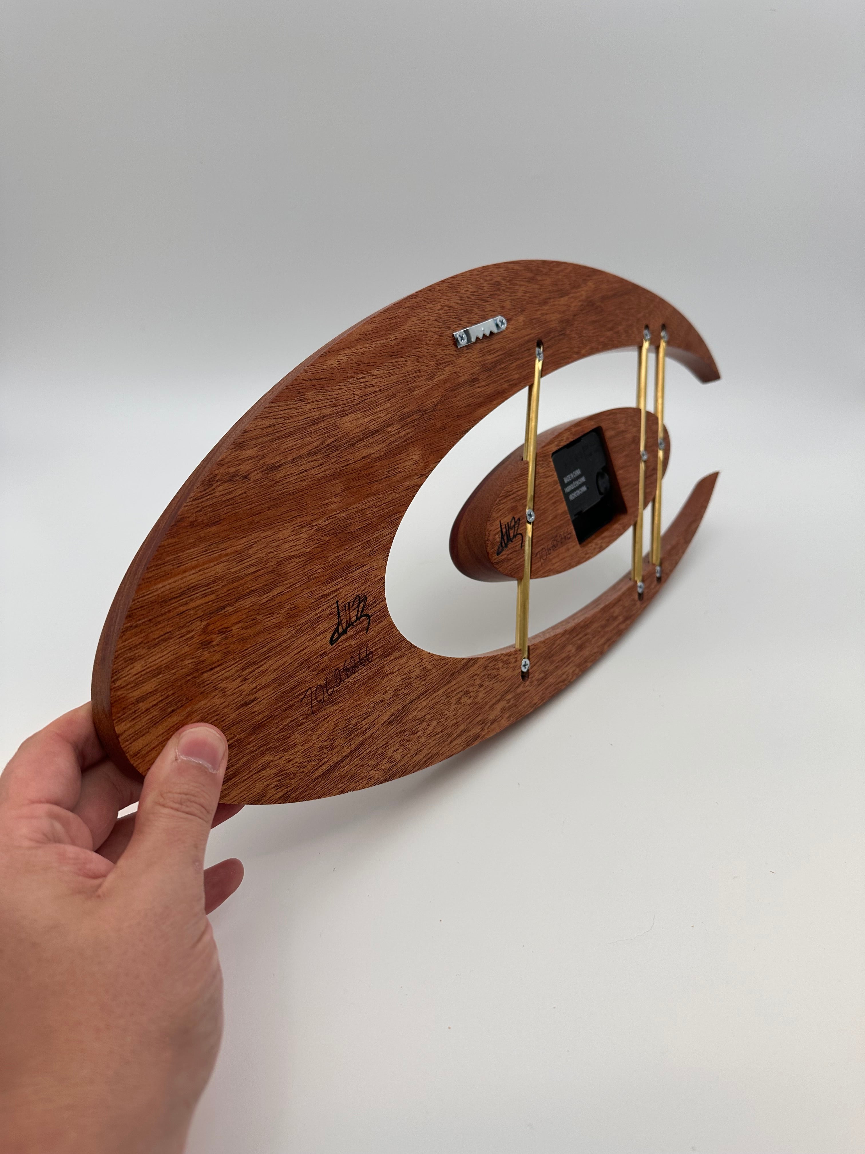 MCM Atomic Boomerang Clock Custom Hand Made Mahogany, Bloodwood, Brass, Symmetrical Curves