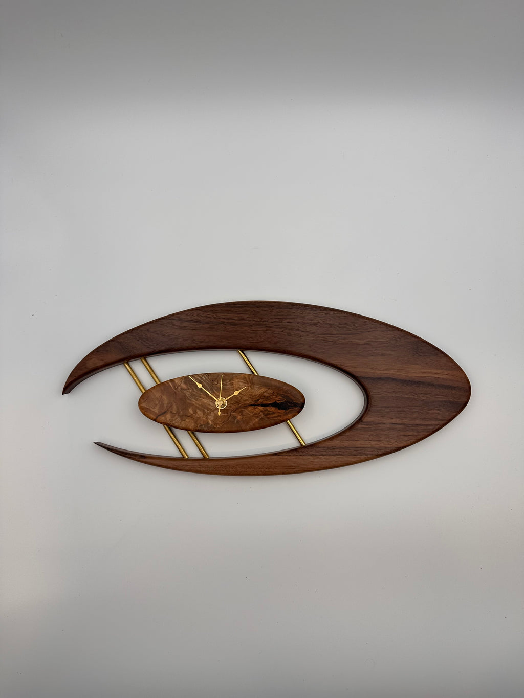 MCM Atomic Boomerang Clock Custom Hand Made Walnut, Spalted Maple, Brass