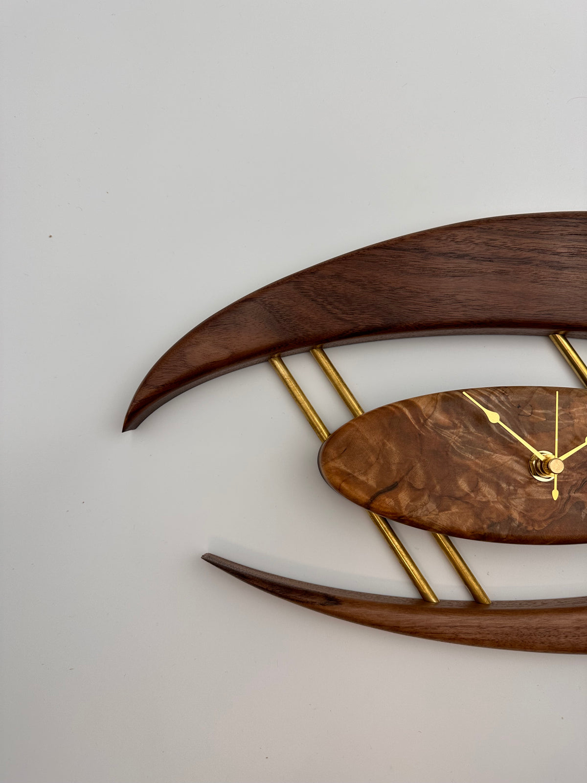 MCM Atomic Boomerang Clock Custom Hand Made Walnut, Spalted Maple, Brass