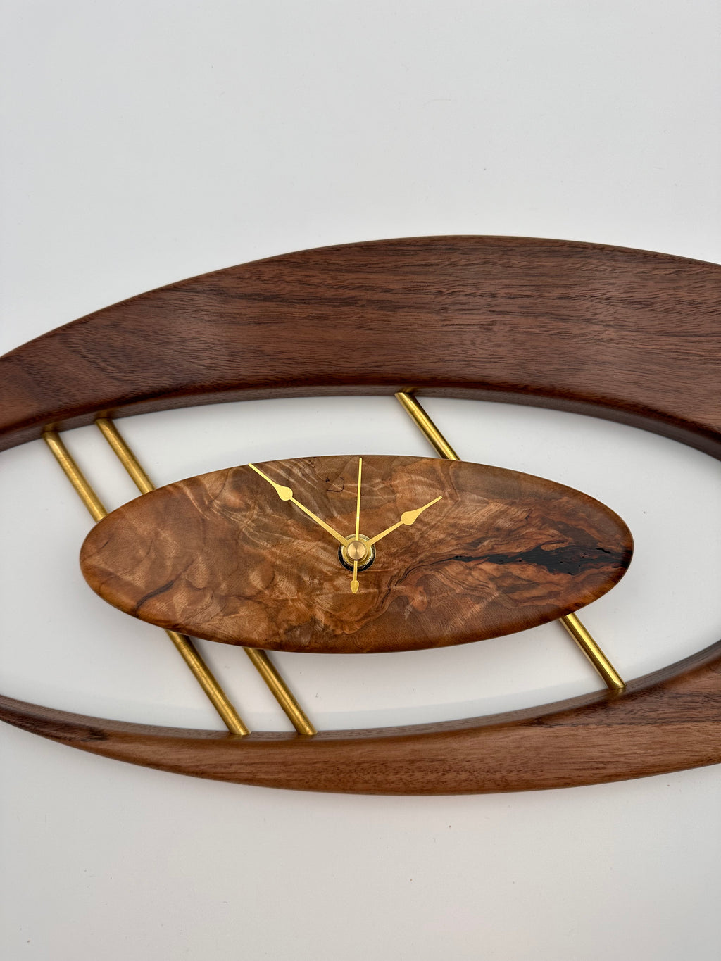 MCM Atomic Boomerang Clock Custom Hand Made Walnut, Spalted Maple, Brass