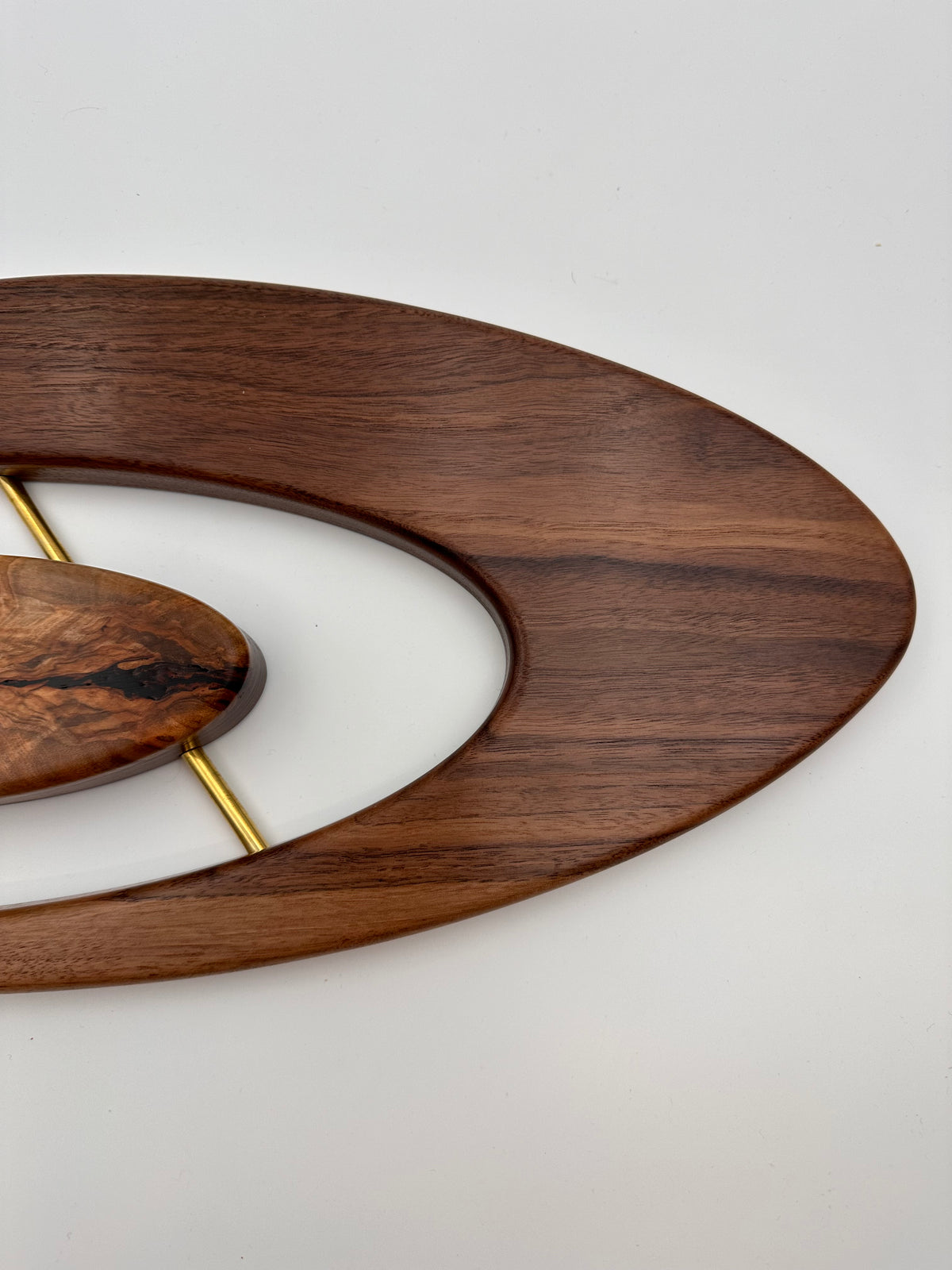 MCM Atomic Boomerang Clock Custom Hand Made Walnut, Spalted Maple, Brass