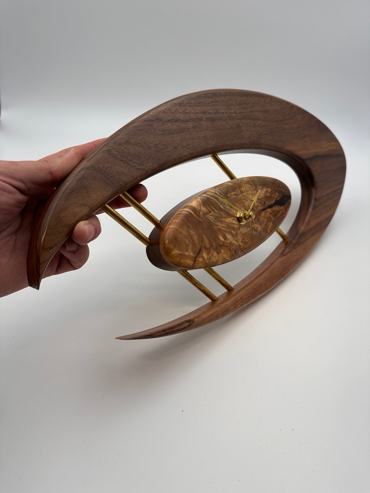 MCM Atomic Boomerang Clock Custom Hand Made Walnut, Spalted Maple, Brass