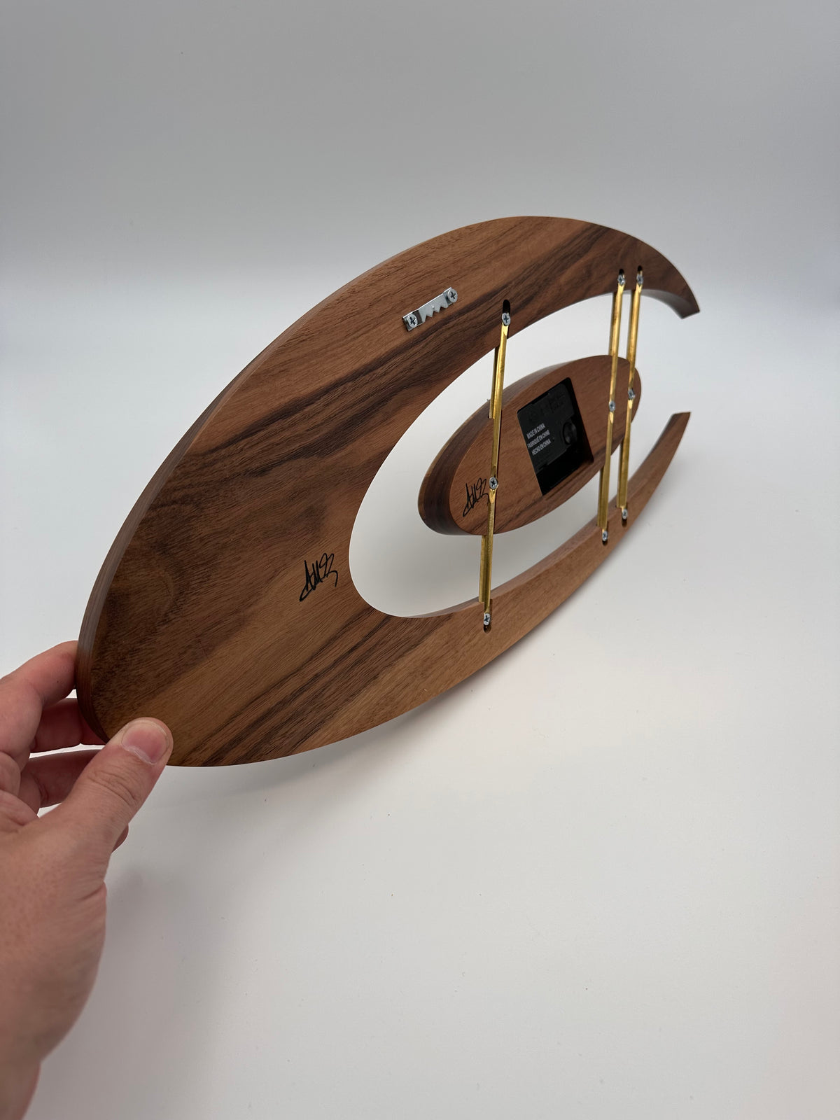 MCM Atomic Boomerang Clock Custom Hand Made Walnut, Spalted Maple, Brass