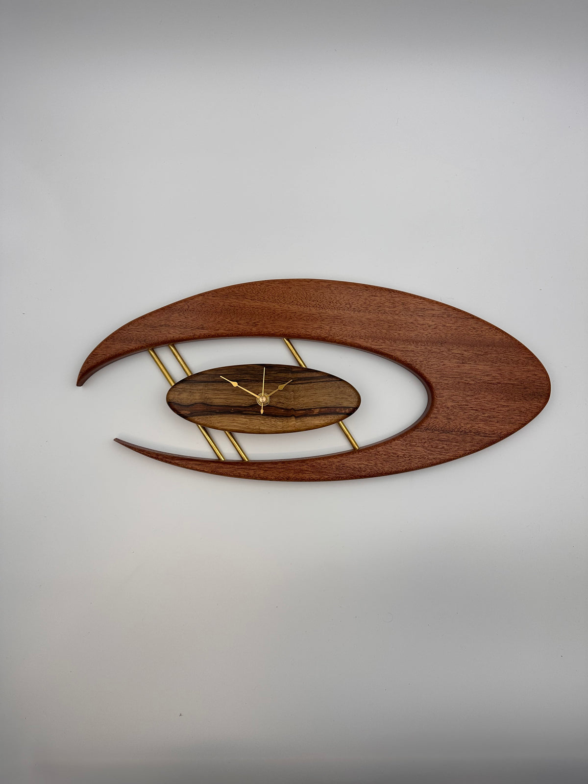 MCM Atomic Boomerang Clock Custom Hand Made Mahogany, Black Limba, Brass, Symmetrical Curves