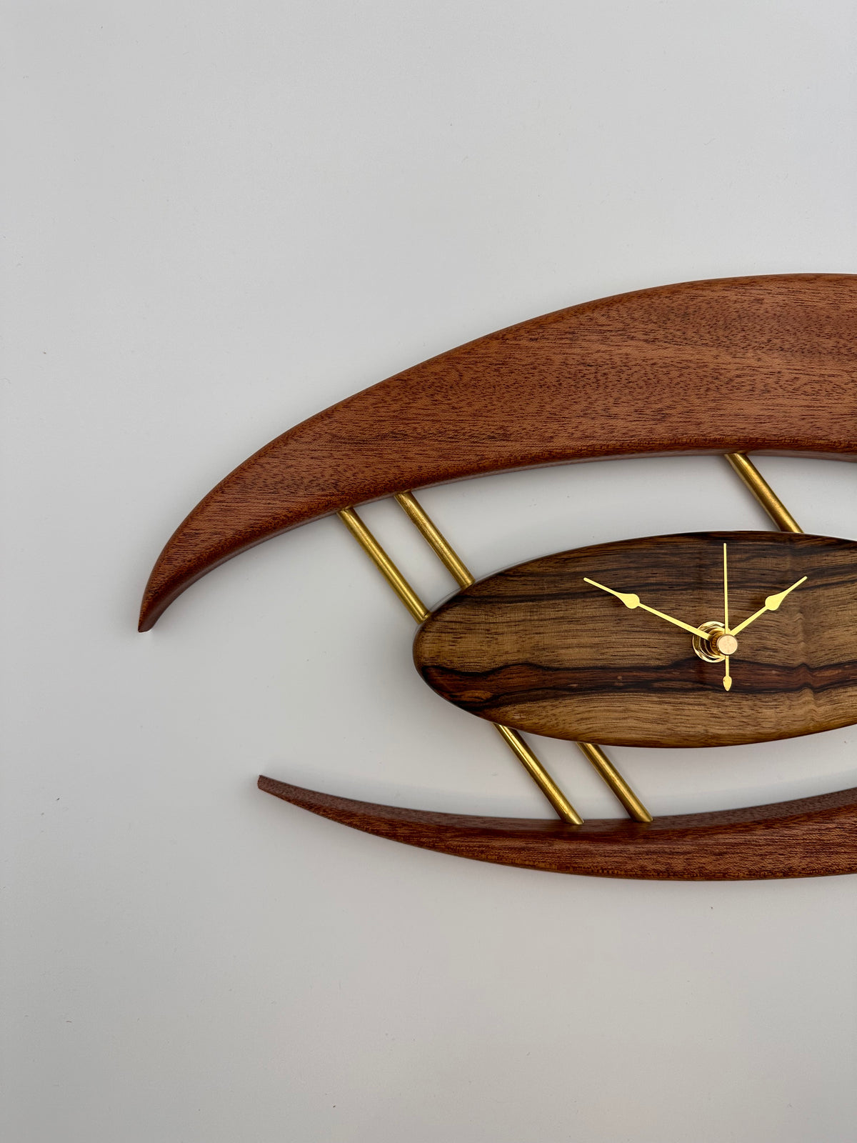MCM Atomic Boomerang Clock Custom Hand Made Mahogany, Black Limba, Brass, Symmetrical Curves