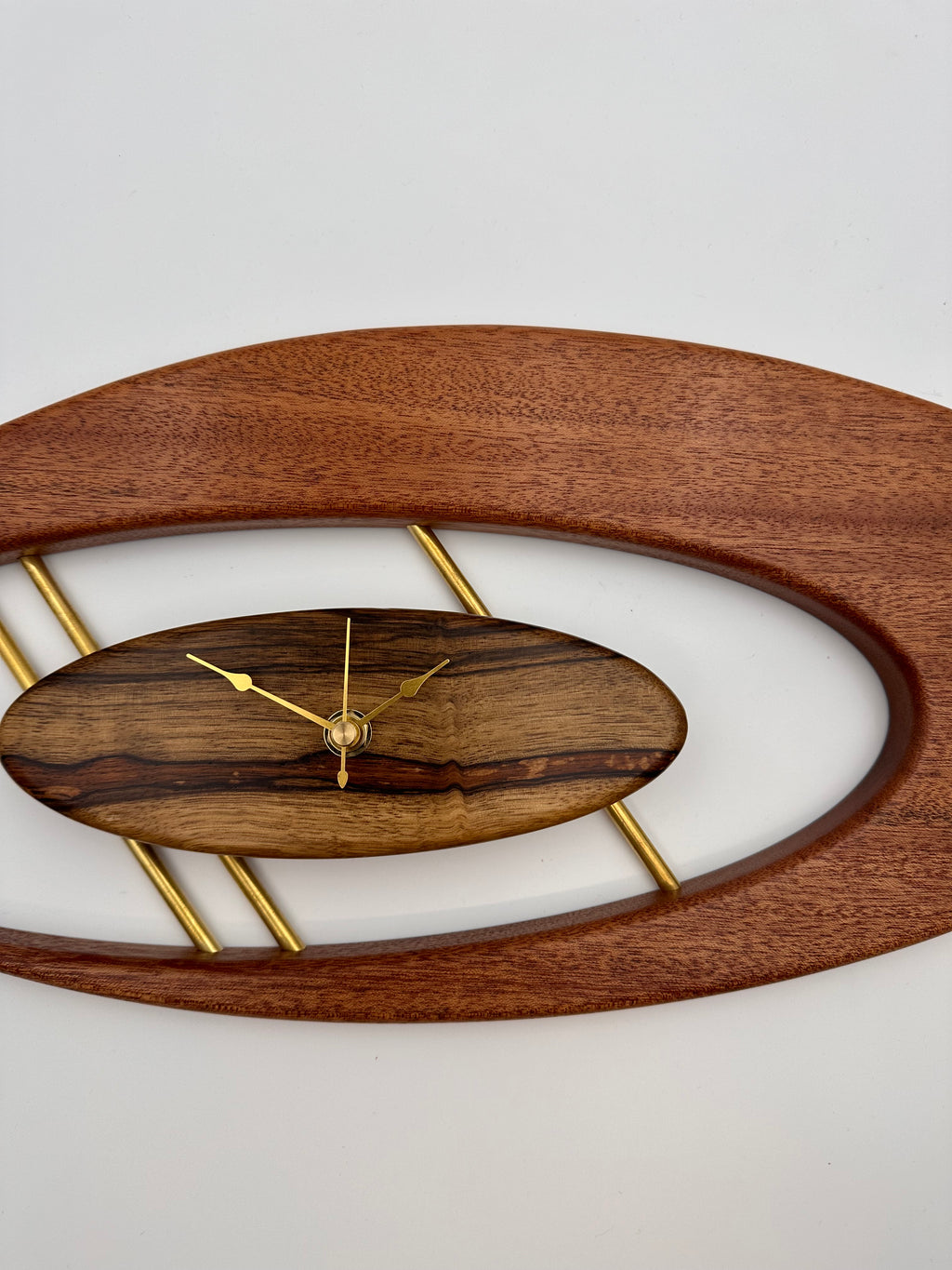 MCM Atomic Boomerang Clock Custom Hand Made Mahogany, Black Limba, Brass, Symmetrical Curves