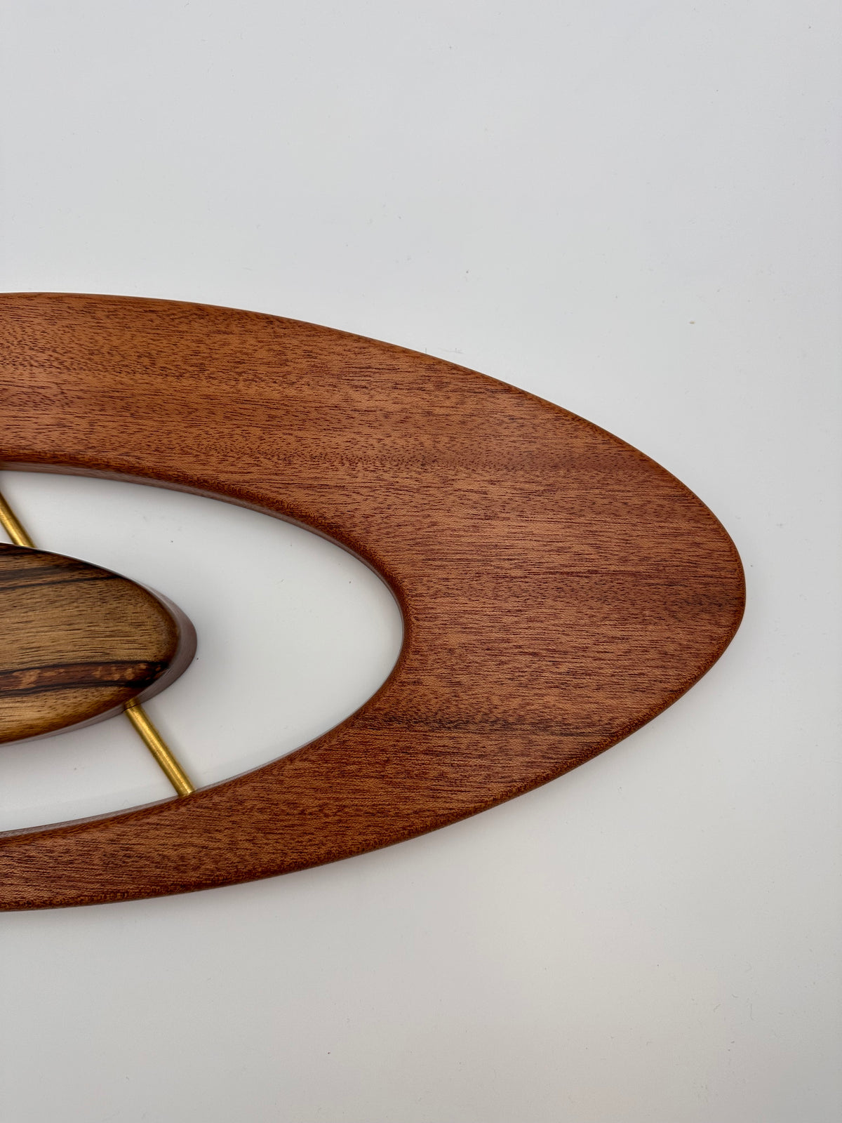 MCM Atomic Boomerang Clock Custom Hand Made Mahogany, Black Limba, Brass, Symmetrical Curves