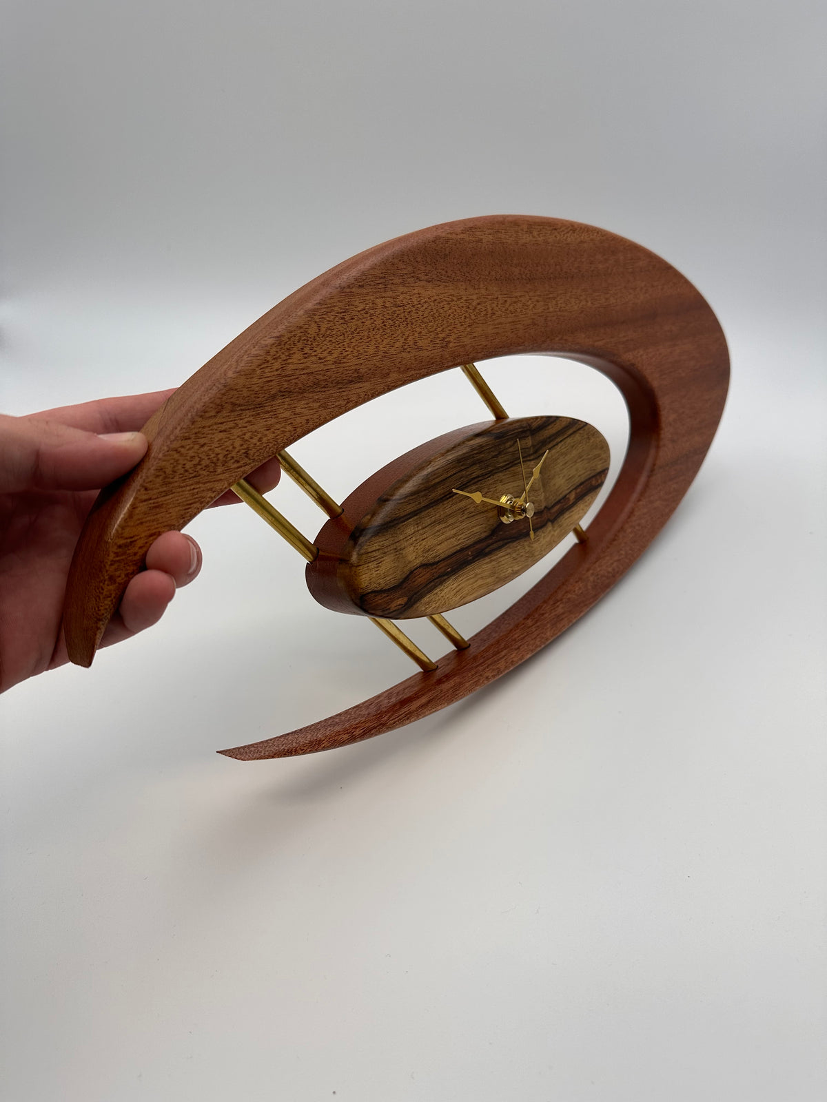 MCM Atomic Boomerang Clock Custom Hand Made Mahogany, Black Limba, Brass, Symmetrical Curves
