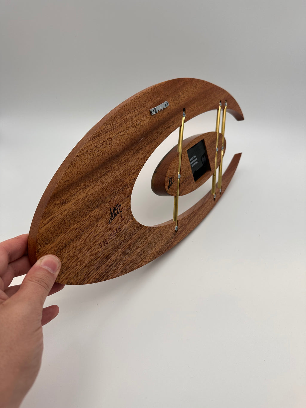MCM Atomic Boomerang Clock Custom Hand Made Mahogany, Black Limba, Brass, Symmetrical Curves