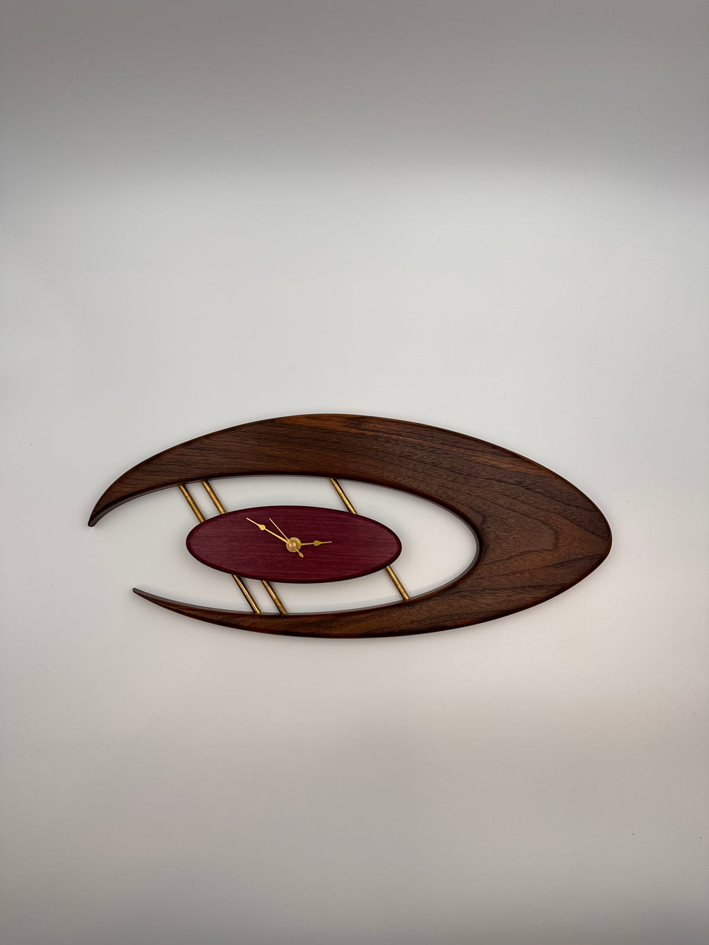 MCM Atomic Boomerang Clock Custom Hand Made Walnut, Purpleheart, Brass
