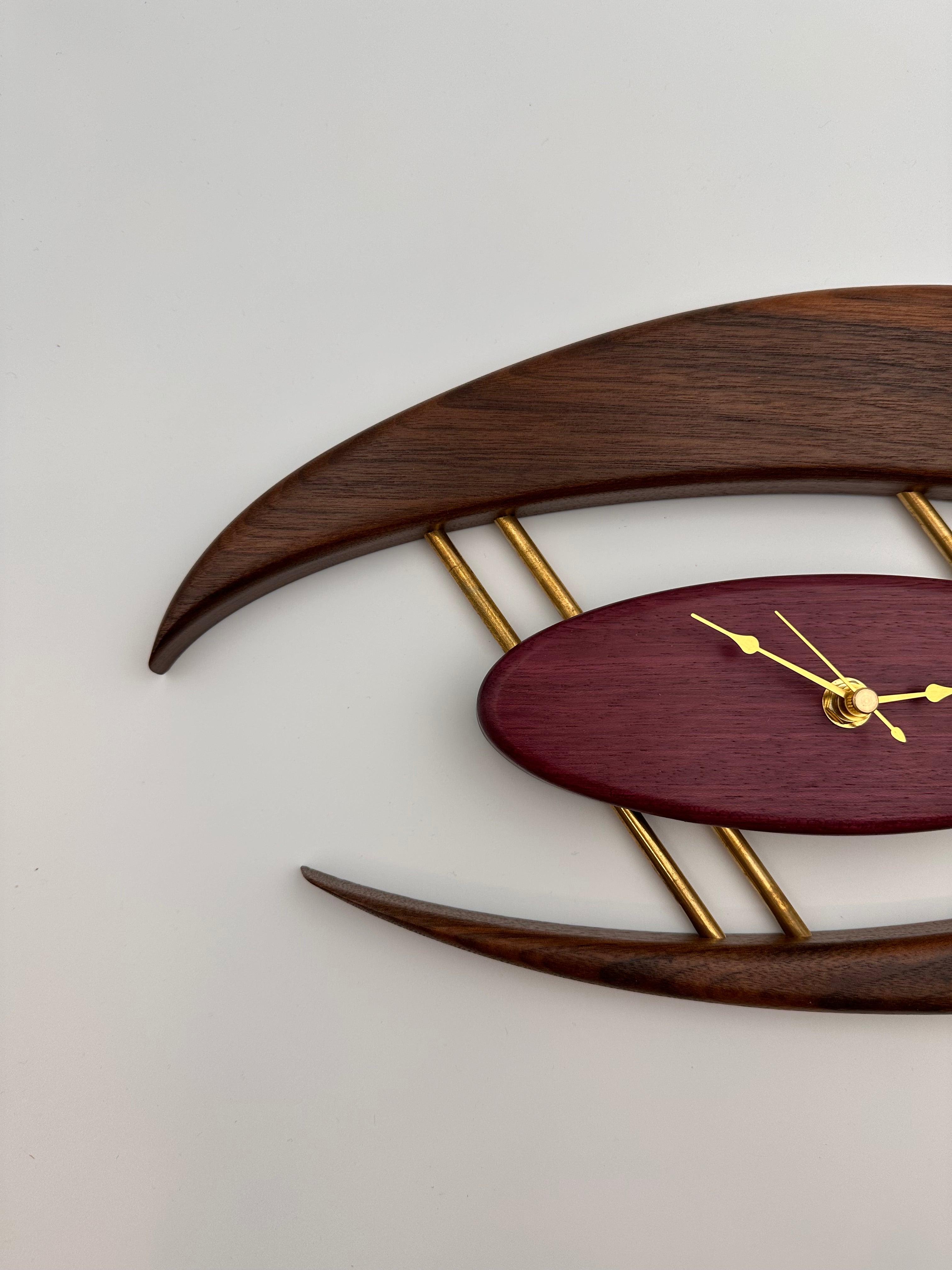 MCM Atomic Boomerang Clock Custom Hand Made Walnut, Purpleheart, Brass