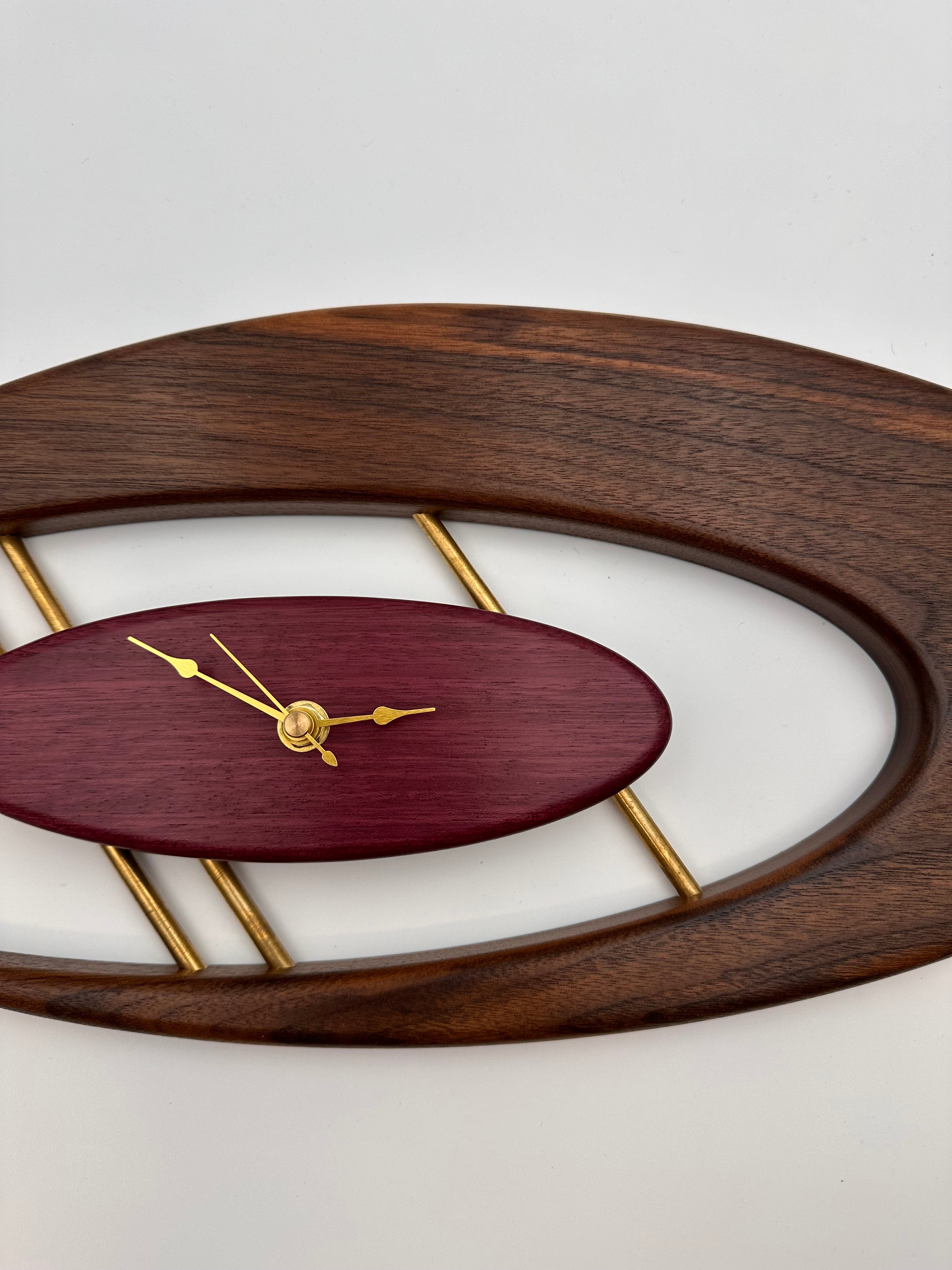 MCM Atomic Boomerang Clock Custom Hand Made Walnut, Purpleheart, Brass