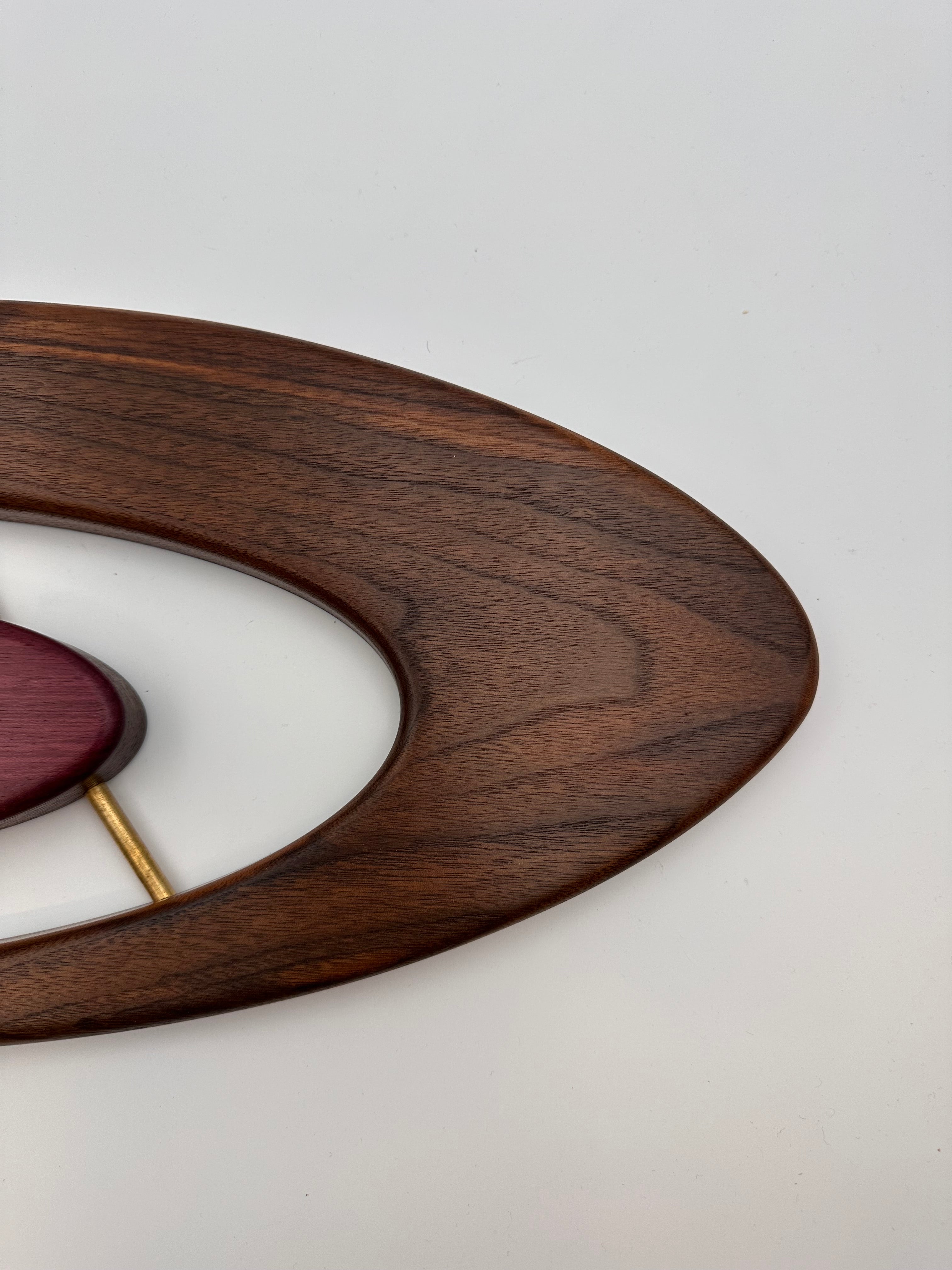 MCM Atomic Boomerang Clock Custom Hand Made Walnut, Purpleheart, Brass