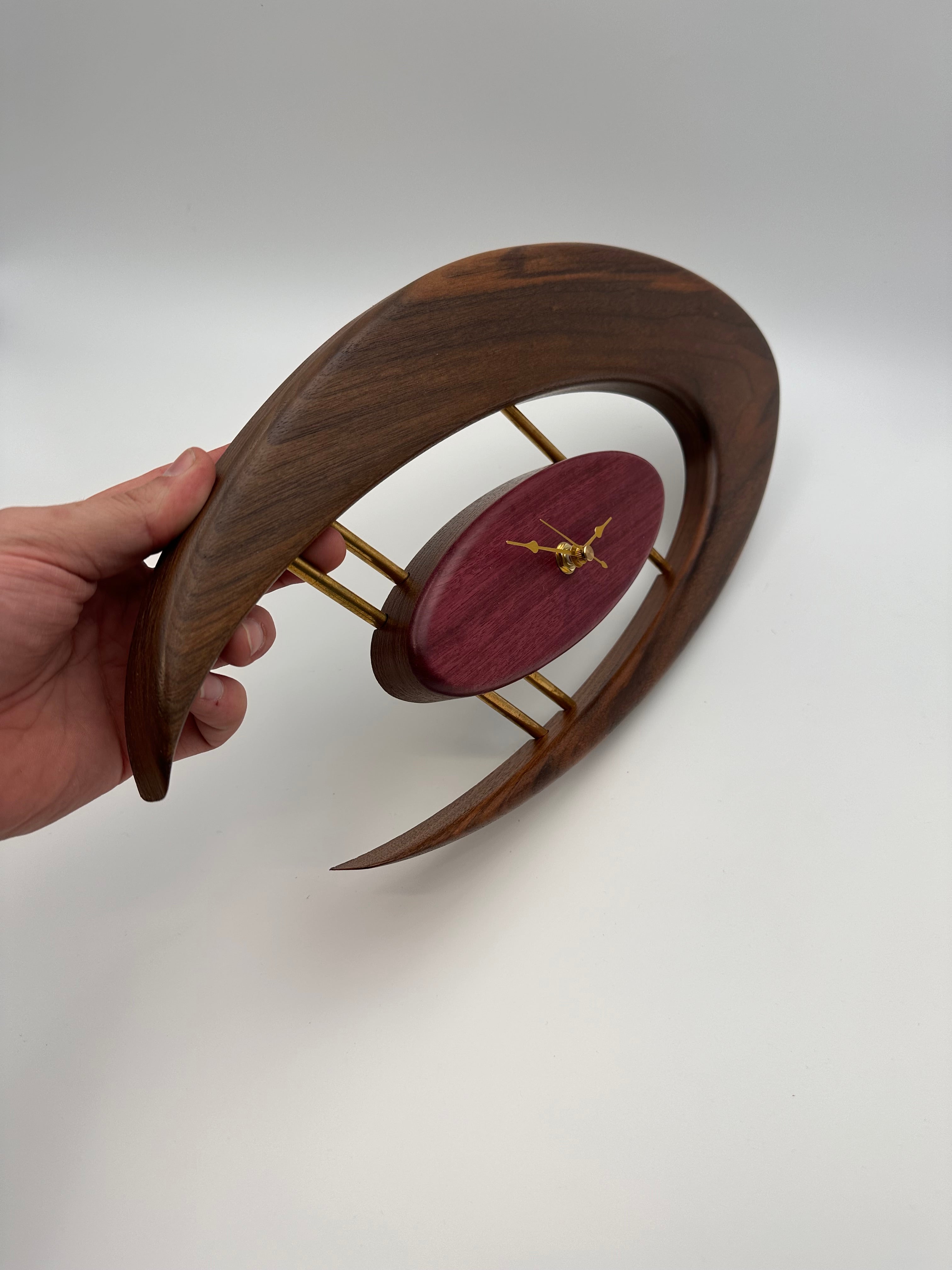 MCM Atomic Boomerang Clock Custom Hand Made Walnut, Purpleheart, Brass